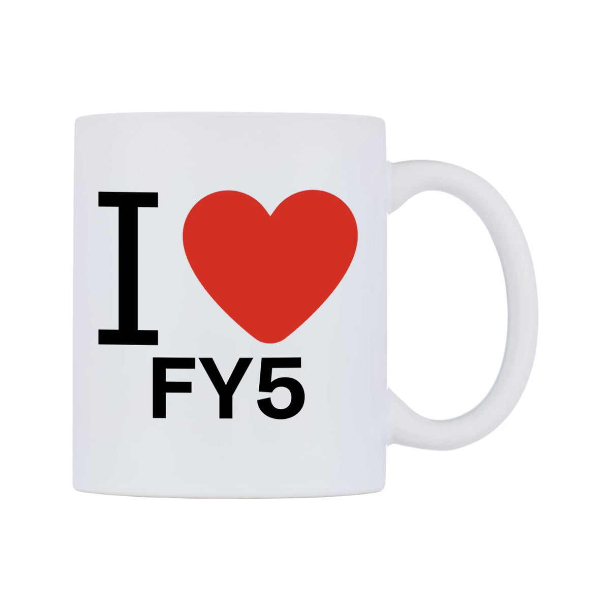 I Love FY5 Mug — white 11oz gloss mug, left side, on a white background