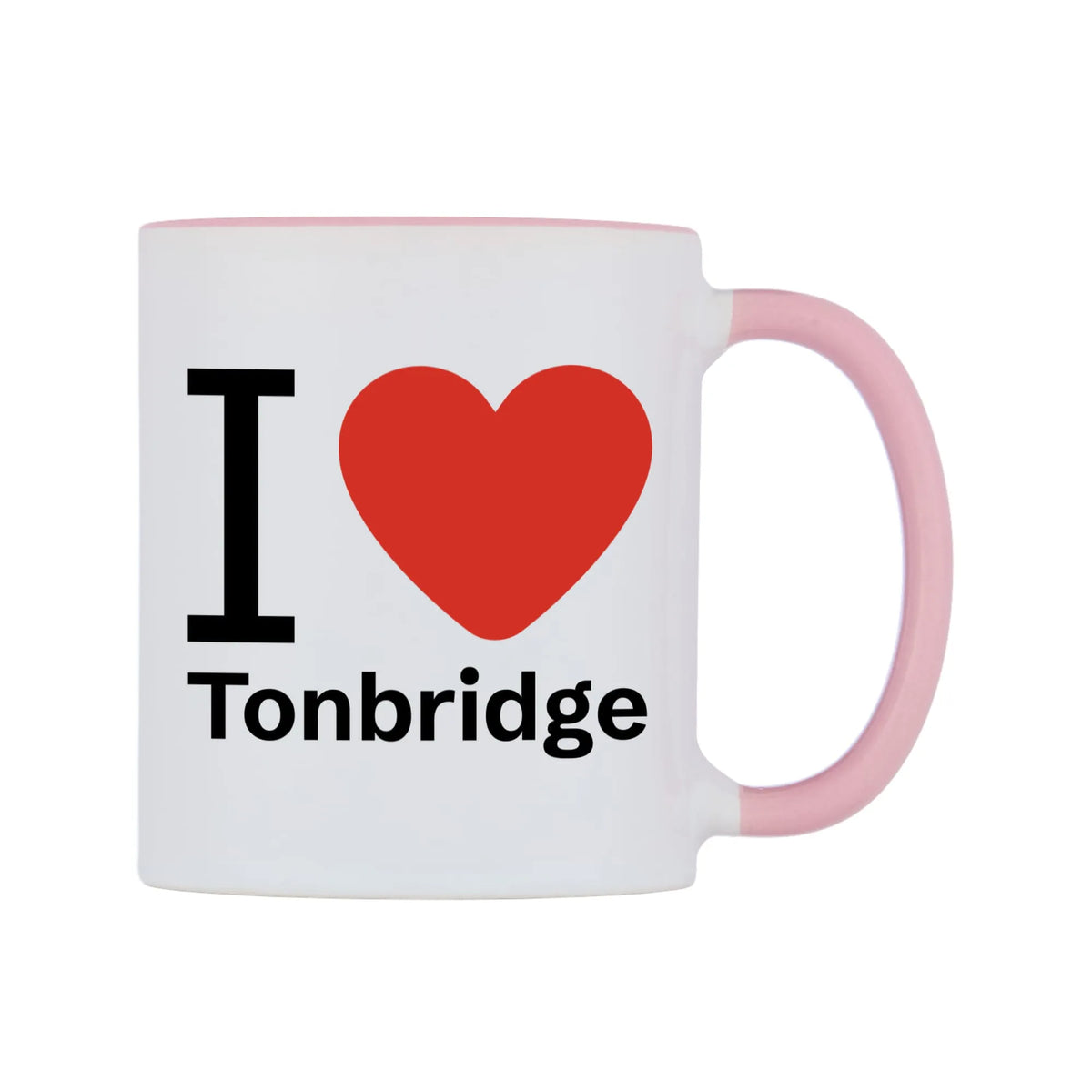 I Love Tonbridge Mug — white 11oz gloss mug with a pink inside and handle, left side, on a white background