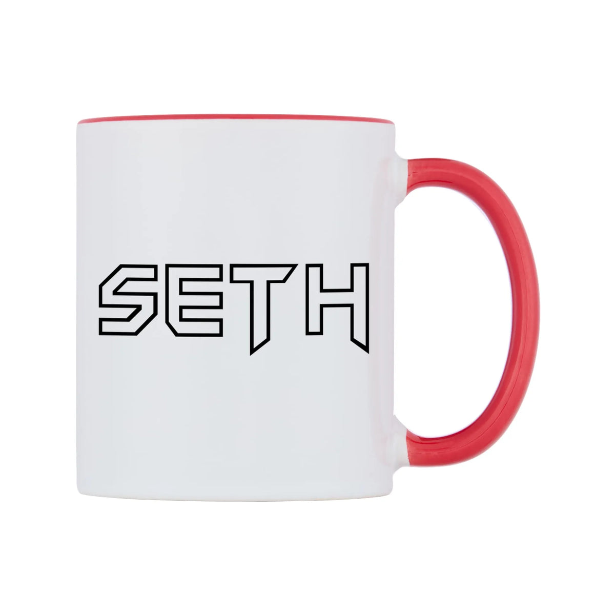 Seth - Iron Maiden Themed Mug — white 11oz gloss mug with a red inside and handle, left side, on a white background