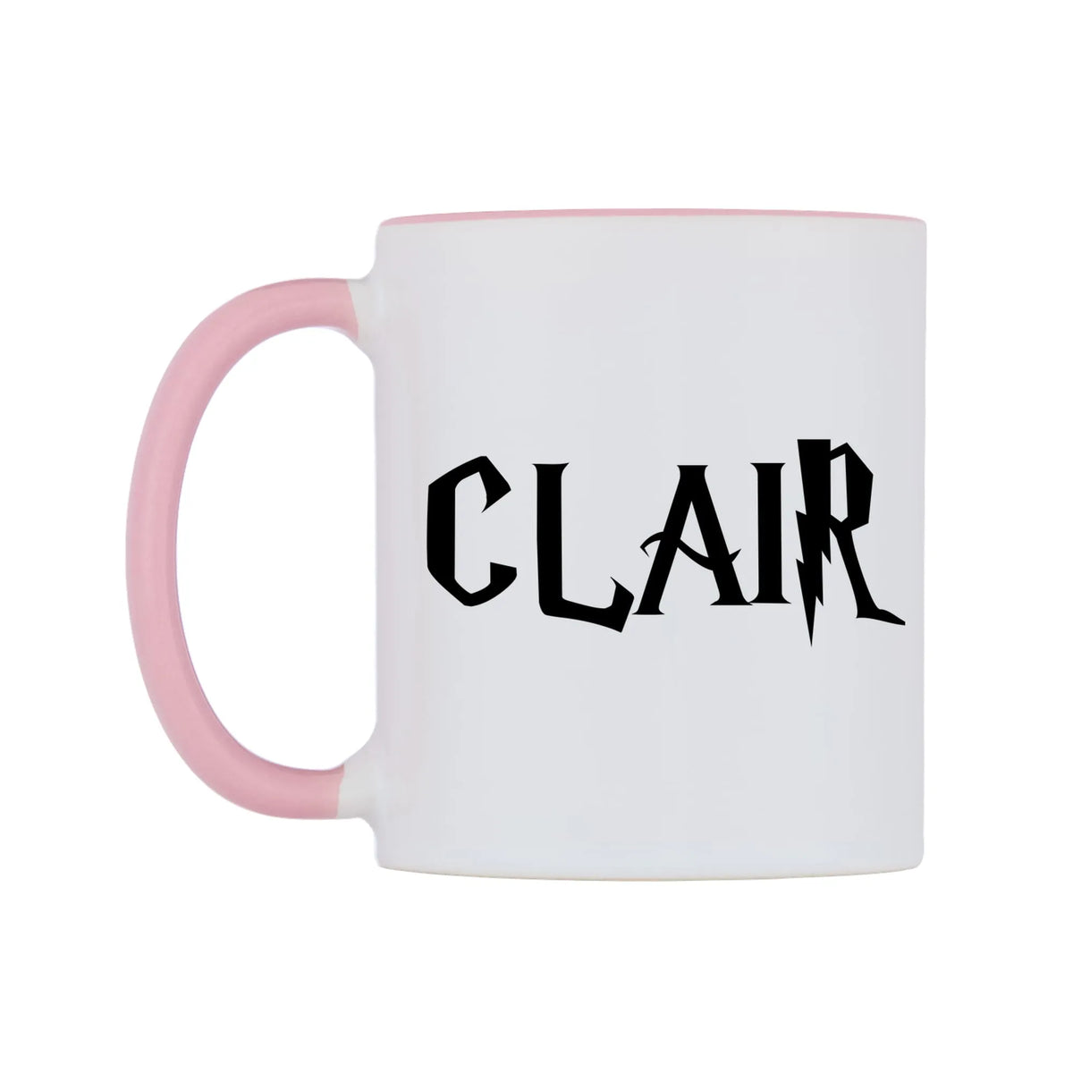 Clair - Wizard Themed Mug — white 11oz gloss mug with a pink inside and handle, right side, on a white background