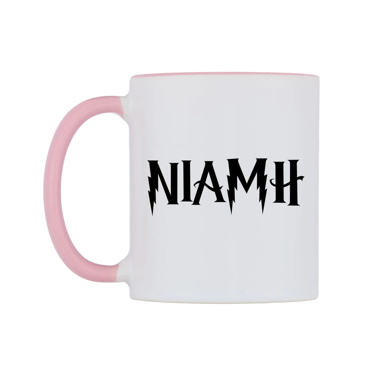 Niamh - Wizard Themed Mug — white 11oz gloss mug with a pink inside and handle, right side, on a white background