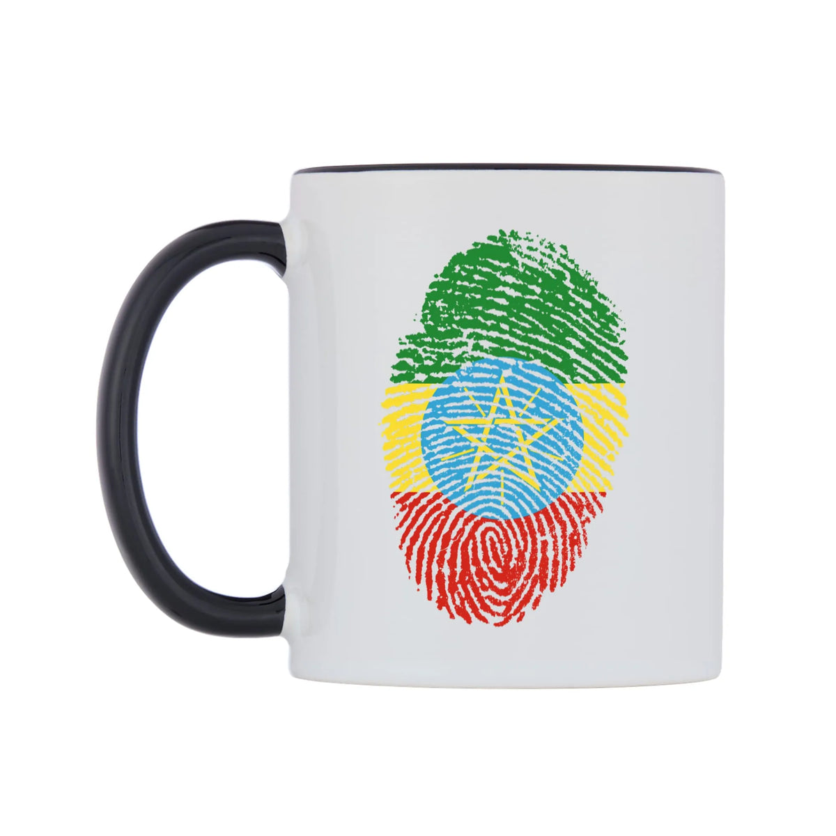 Ethiopia Finger Print Flag Mug — white 11oz gloss mug with a black inside and handle, right side, on a white background