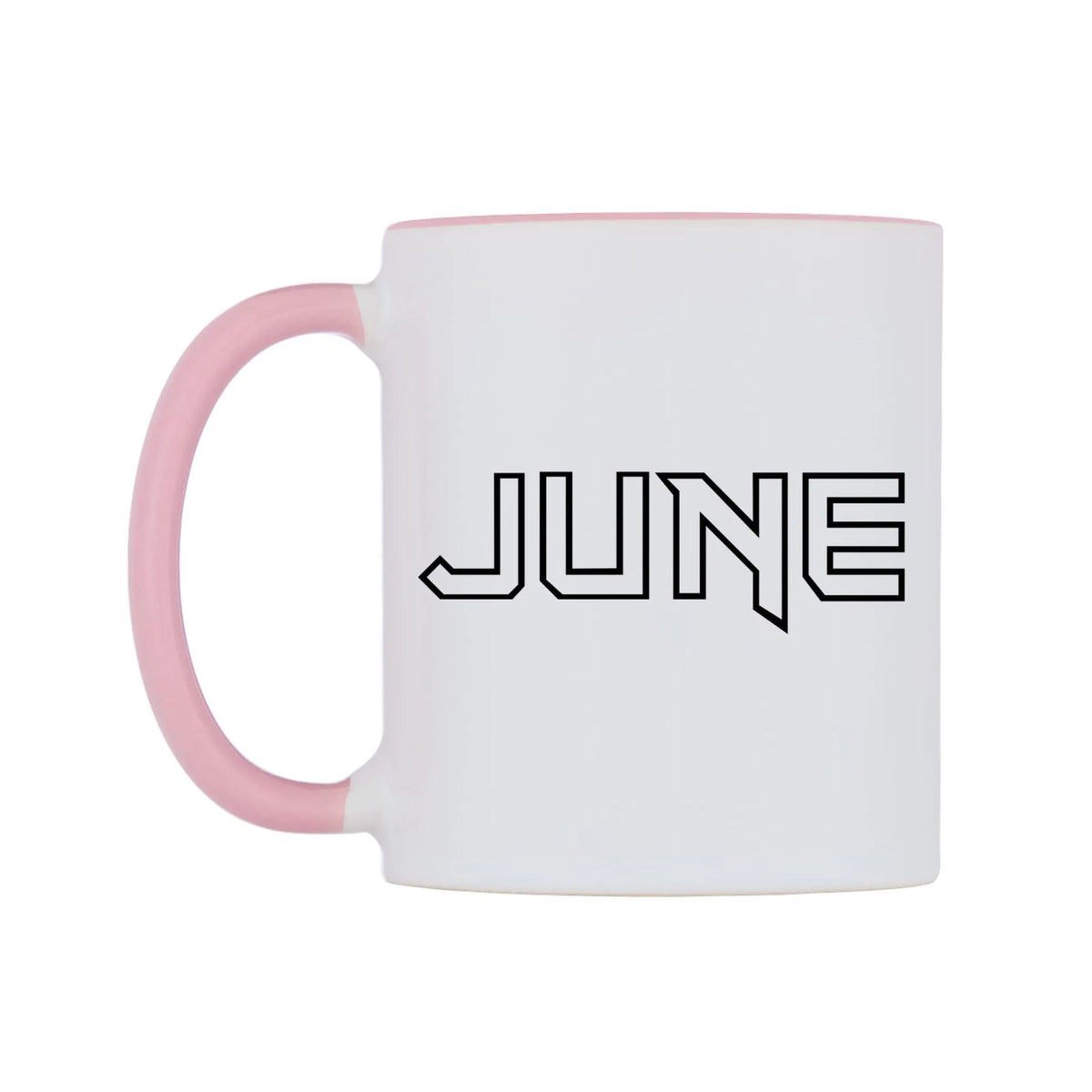 June - Iron Maiden Themed Mug — white 11oz gloss mug with a pink inside and handle, right side, on a white background
