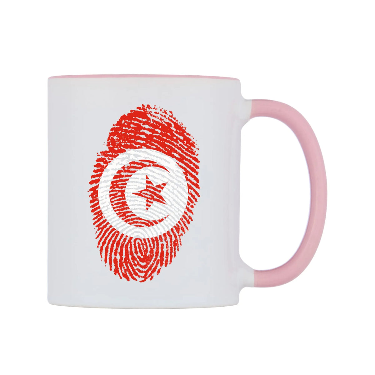 Tunisia Finger Print Flag Mug — white 11oz gloss mug with a pink inside and handle, left side, on a white background