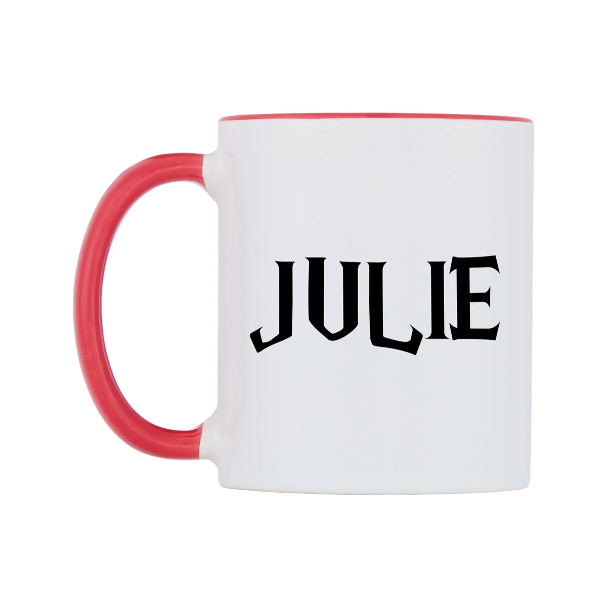 Julie - Wizard Themed Mug — white 11oz gloss mug with a red inside and handle, right side, on a white background