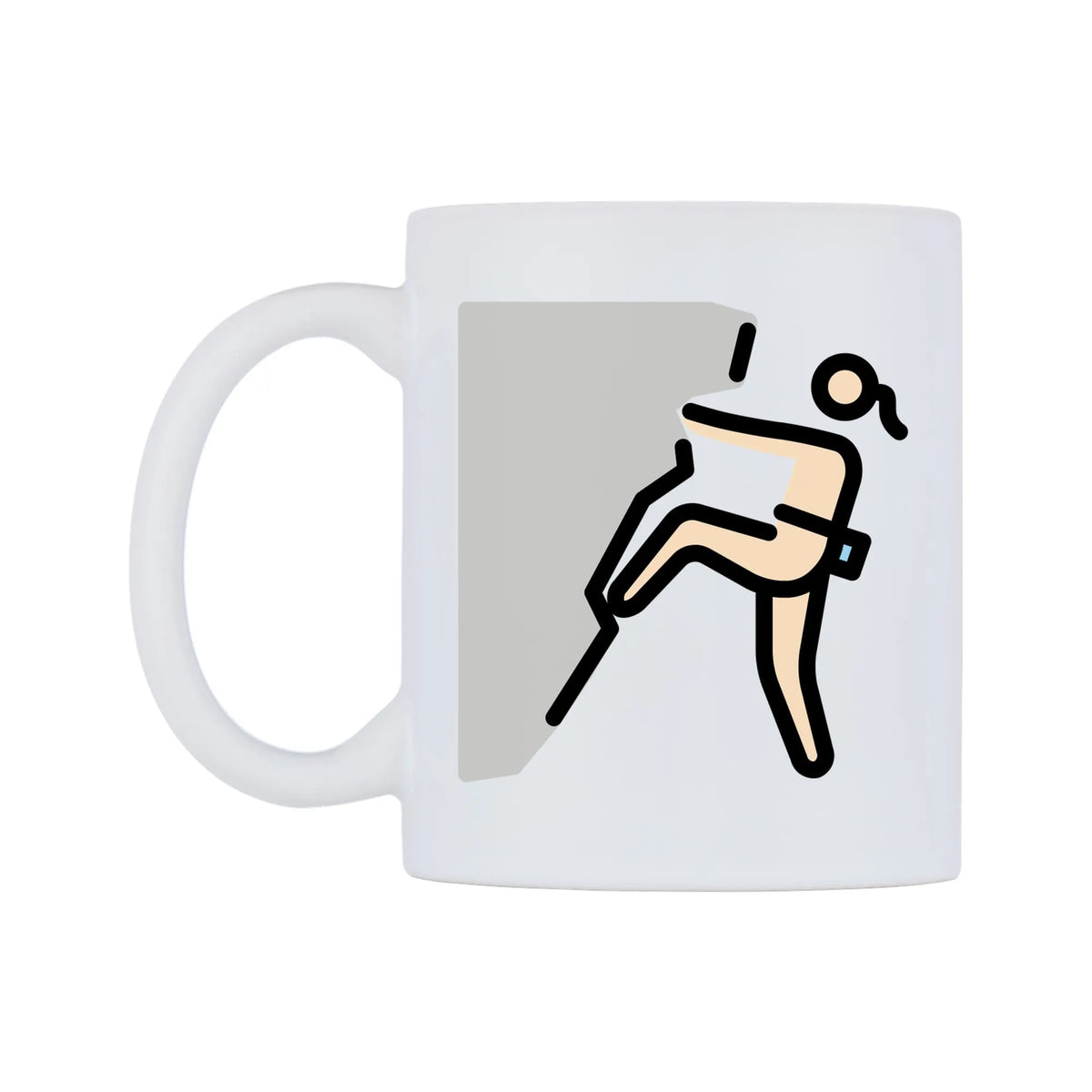 Female Climbing: Light Skin Tone Emoji Mug — mug, right side, on a white background