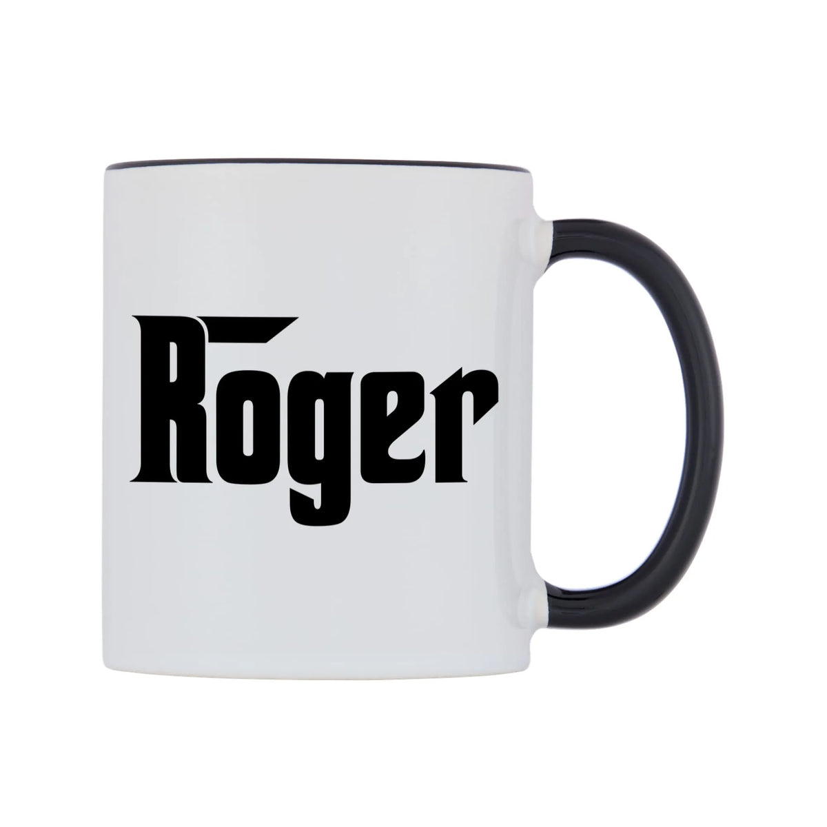 Roger - Godfather Themed Mug — white 11oz gloss mug with a black inside and handle, left side, on a white background