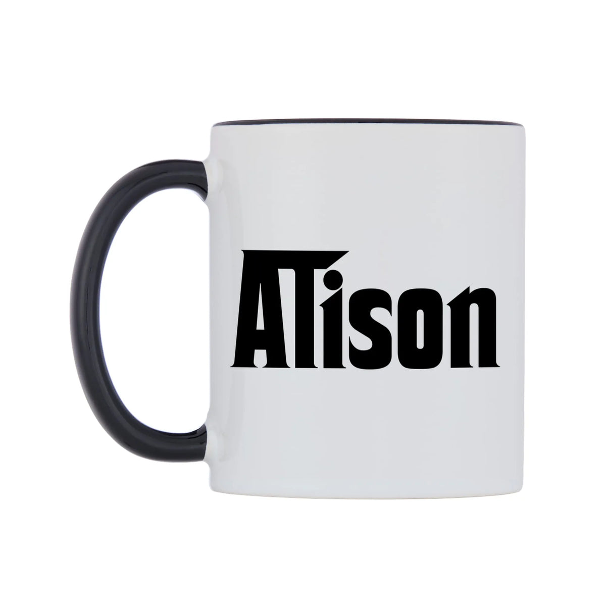 Alison - Godfather Themed Mug — white 11oz gloss mug with a black inside and handle, right side, on a white background