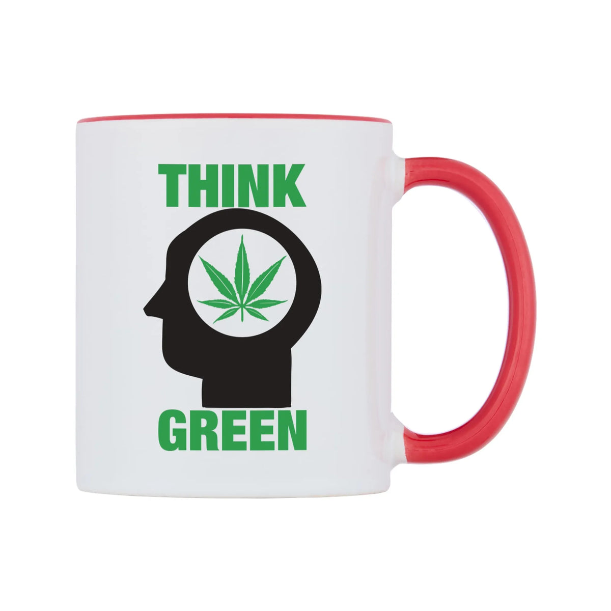 Think Green Mug — white 11oz gloss mug with a red inside and handle, left side, on a white background