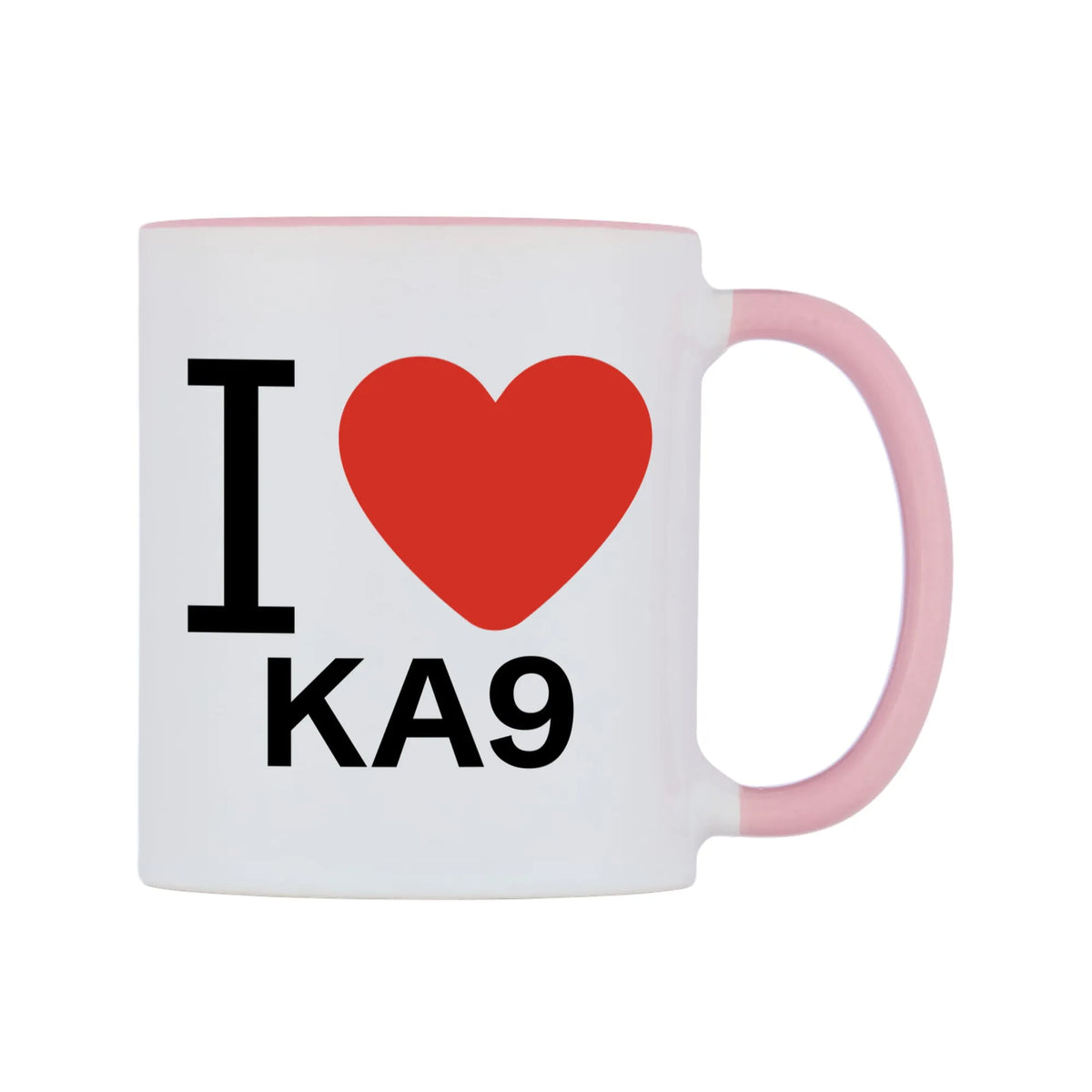 I Love KA9 Mug — white 11oz gloss mug with a pink inside and handle, left side, on a white background