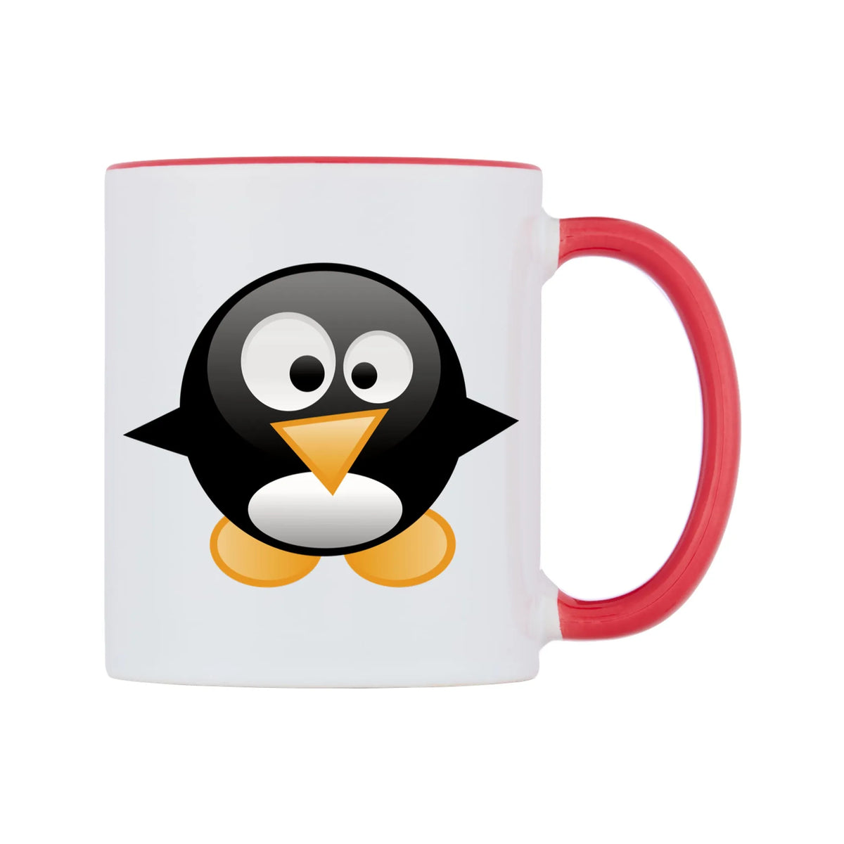 Cute Penguin Mug — white 11oz gloss mug with a red inside and handle, left side, on a white background