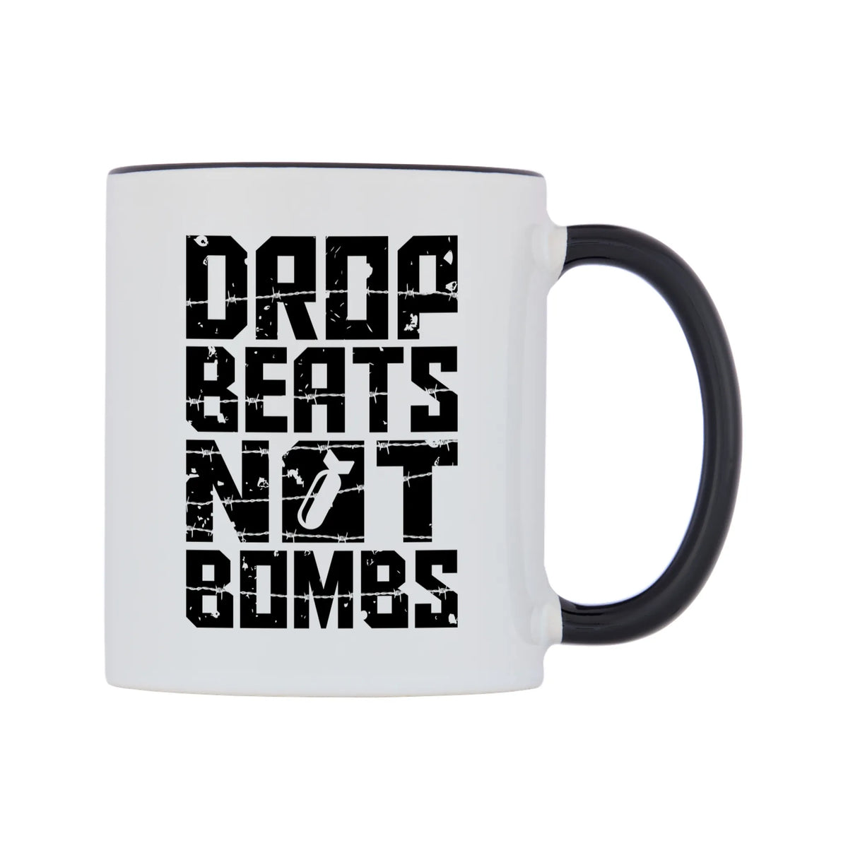 Drop Beats Not Bombs Mug — white 11oz gloss mug with a black inside and handle, left side, on a white background
