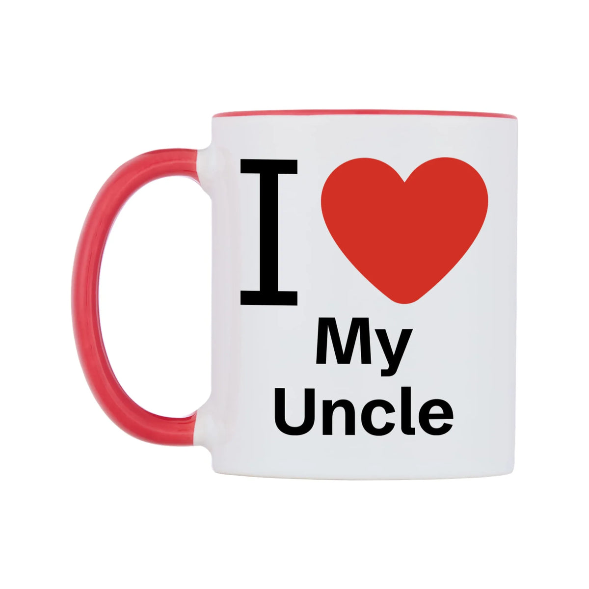 I Love My Uncle Mug — white 11oz gloss mug with a red inside and handle, right side, on a white background
