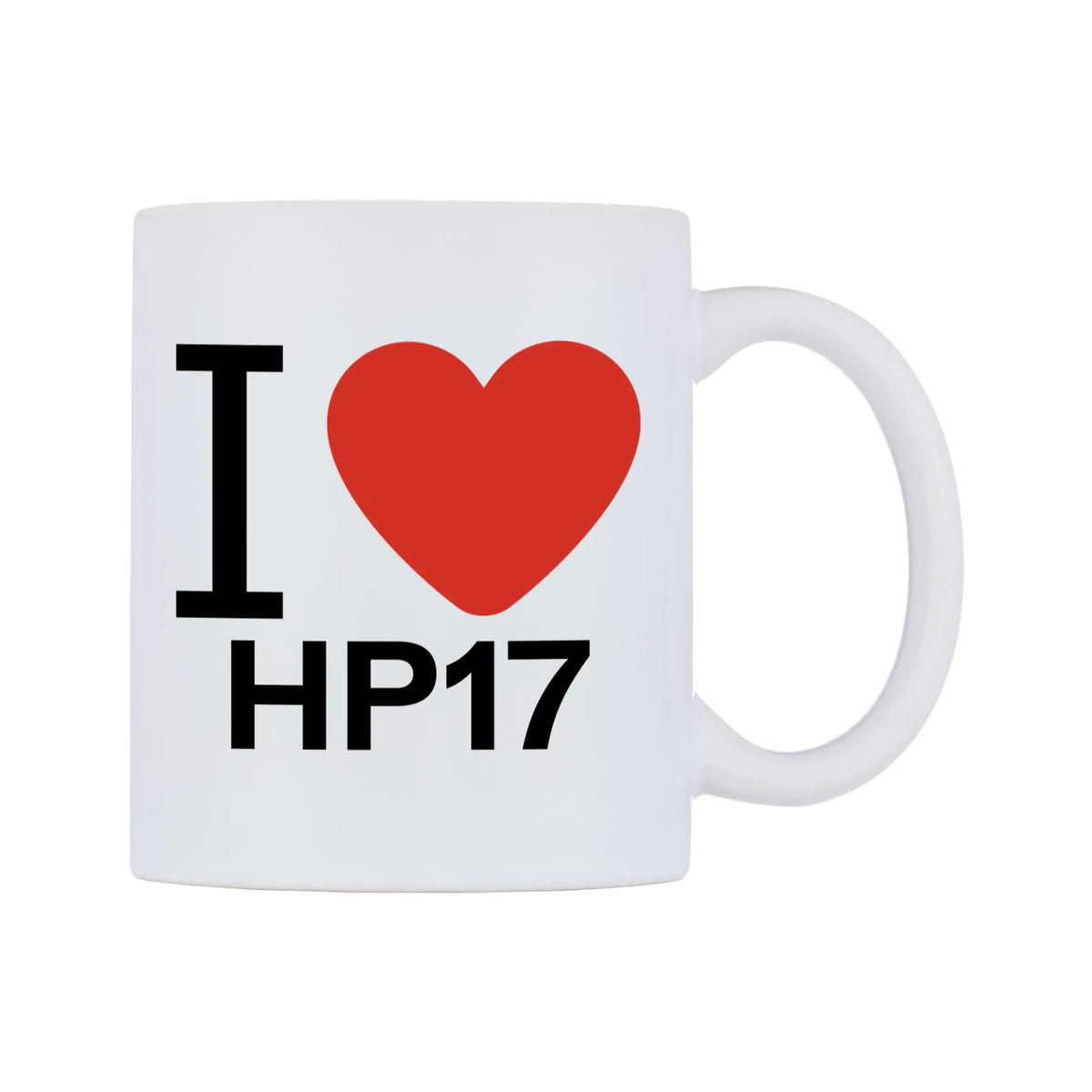 I Love HP17 Mug — white 11oz gloss mug, left side, on a white background