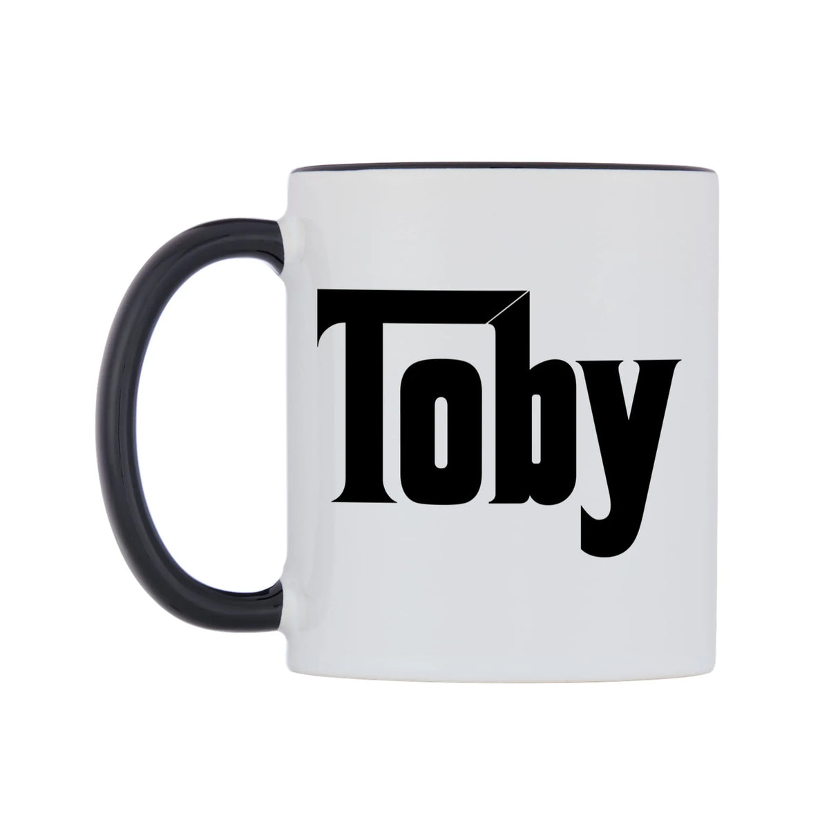 Toby - Godfather Themed Mug — white 11oz gloss mug with a black inside and handle, right side, on a white background