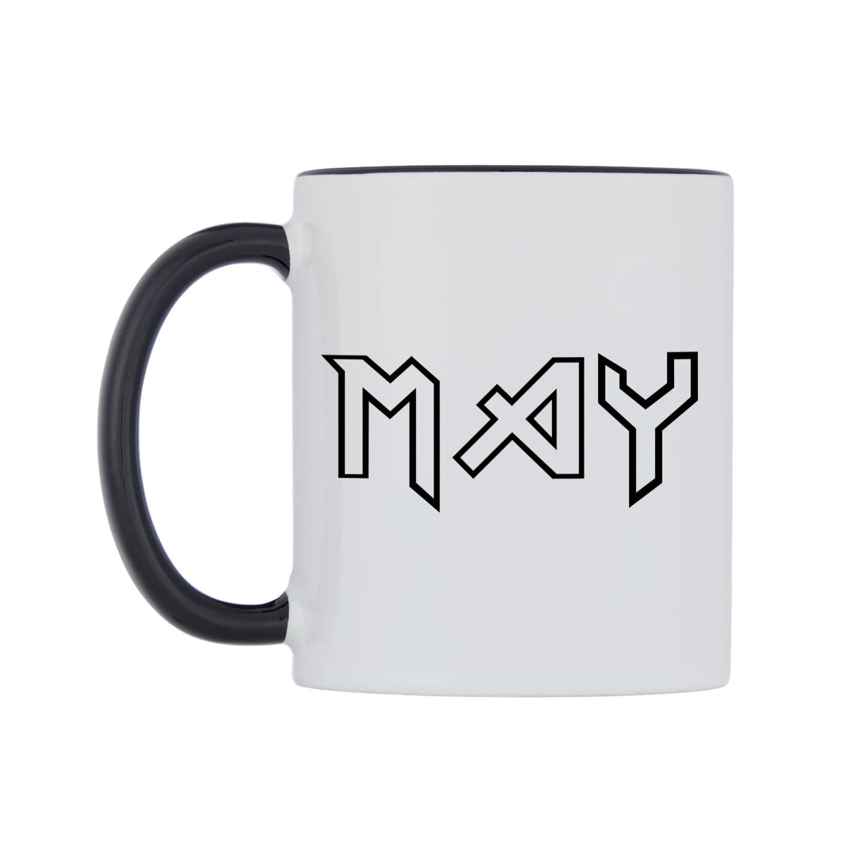 May - Iron Maiden Themed Mug — white 11oz gloss mug with a black inside and handle, right side, on a white background