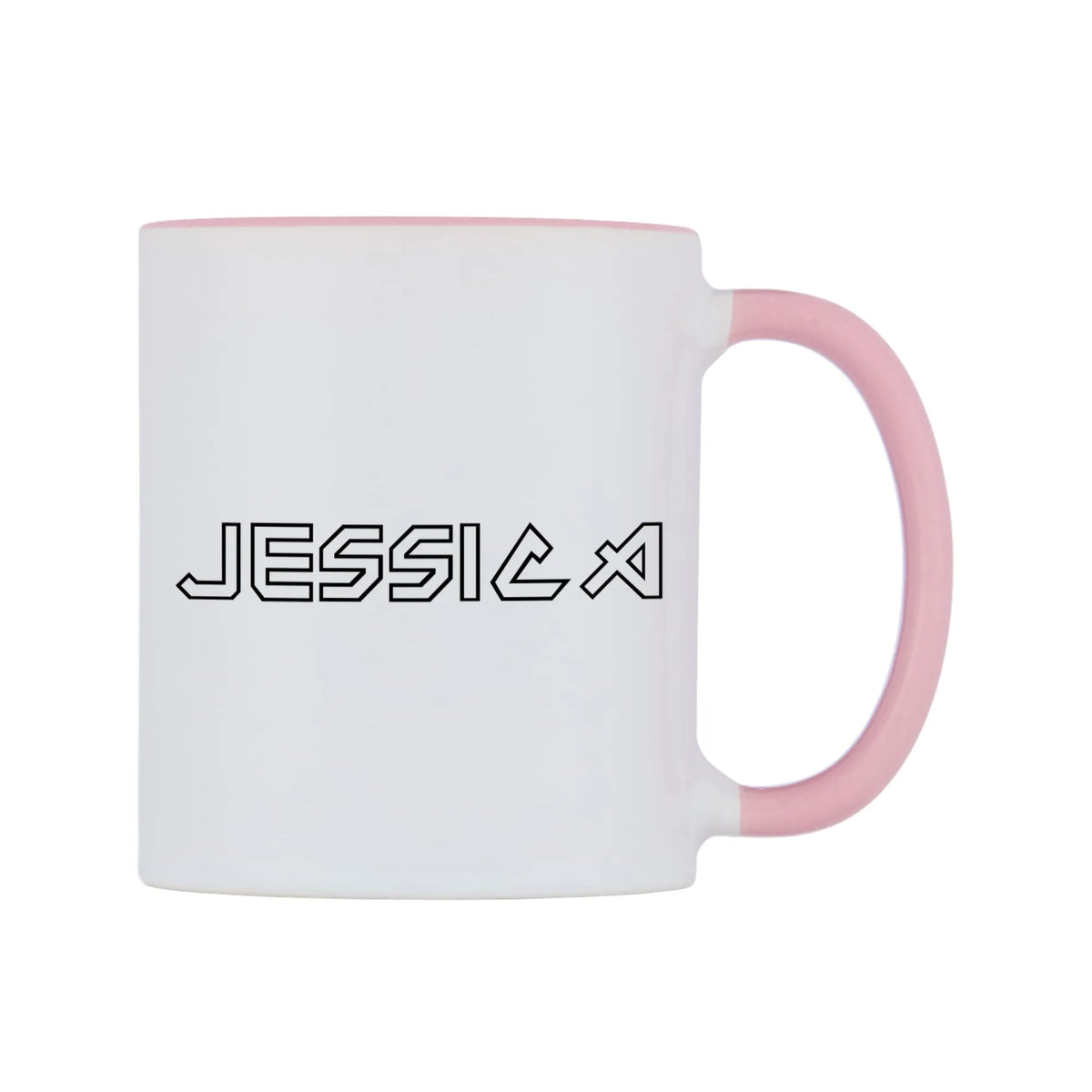 Jessica - Iron Maiden Themed Mug — white 11oz gloss mug with a pink inside and handle, left side, on a white background