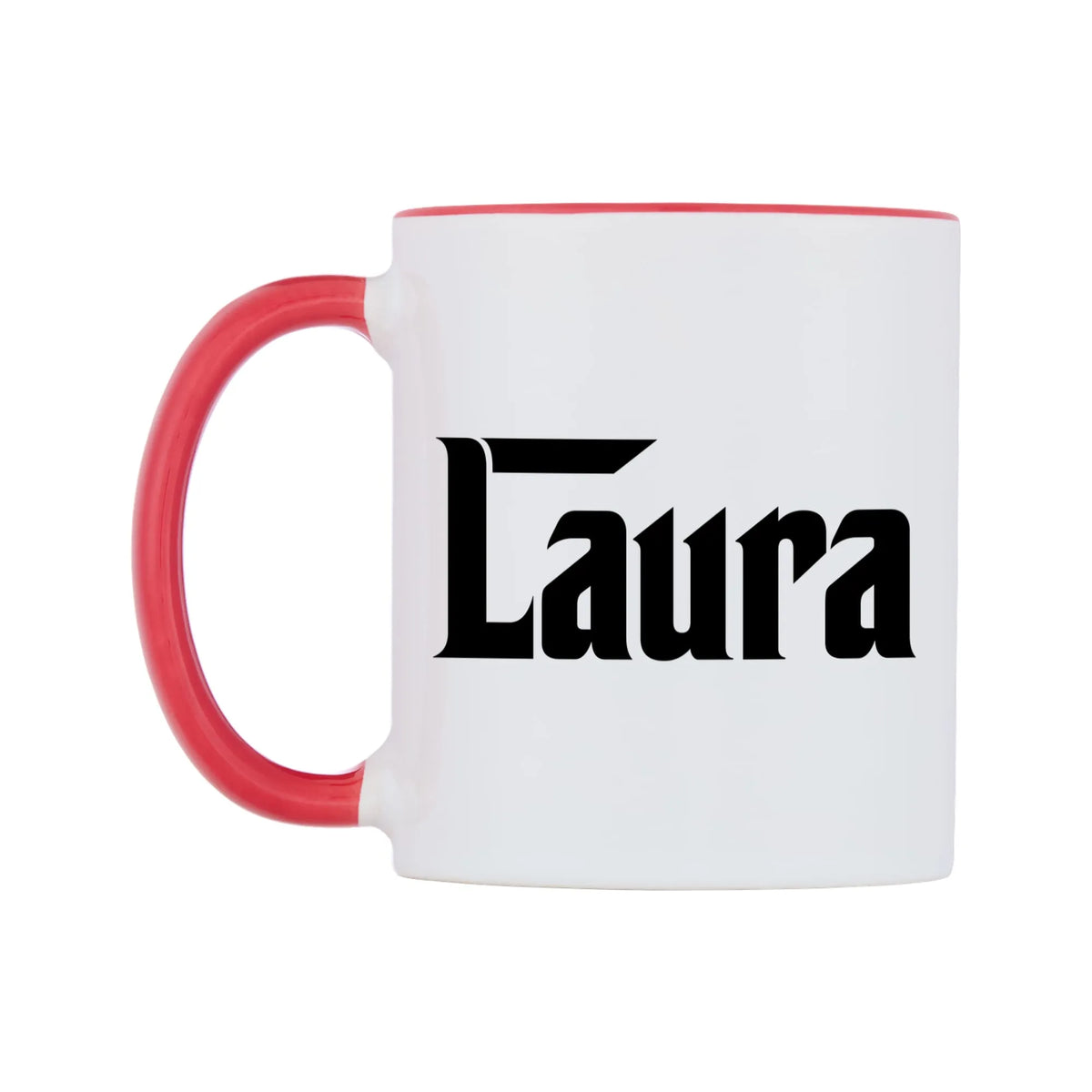 Laura - Godfather Themed Mug — white 11oz gloss mug with a red inside and handle, right side, on a white background