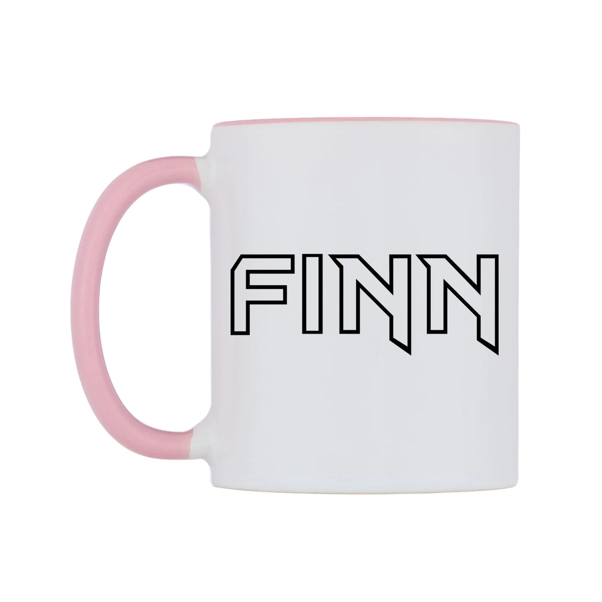 Finn - Iron Maiden Themed Mug — white 11oz gloss mug with a pink inside and handle, right side, on a white background