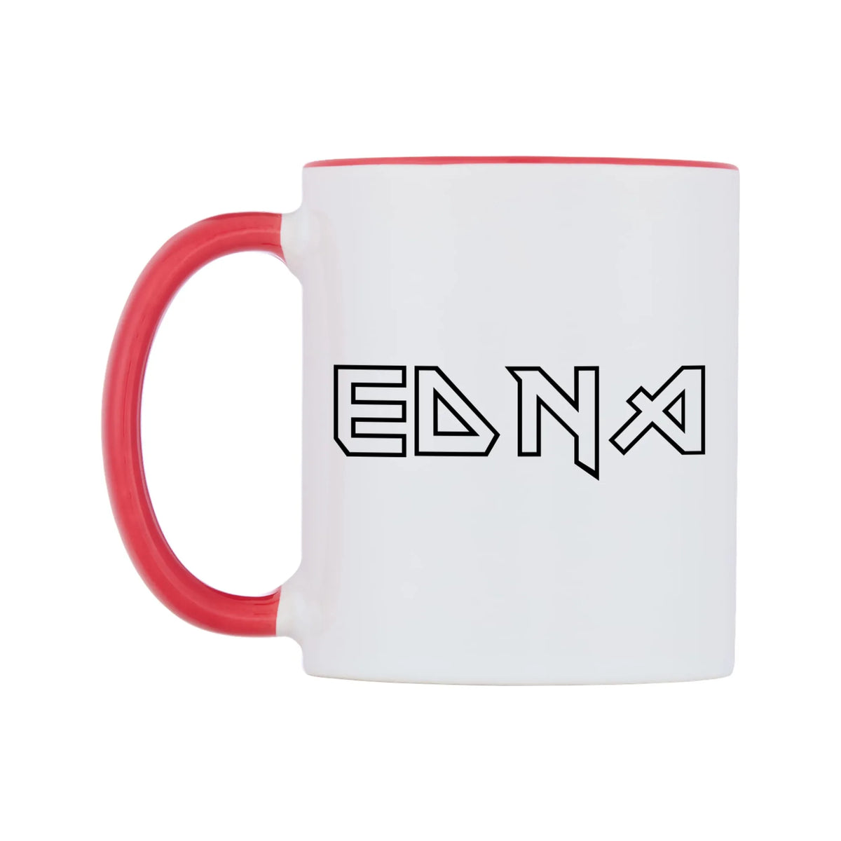Edna - Iron Maiden Themed Mug — white 11oz gloss mug with a red inside and handle, right side, on a white background