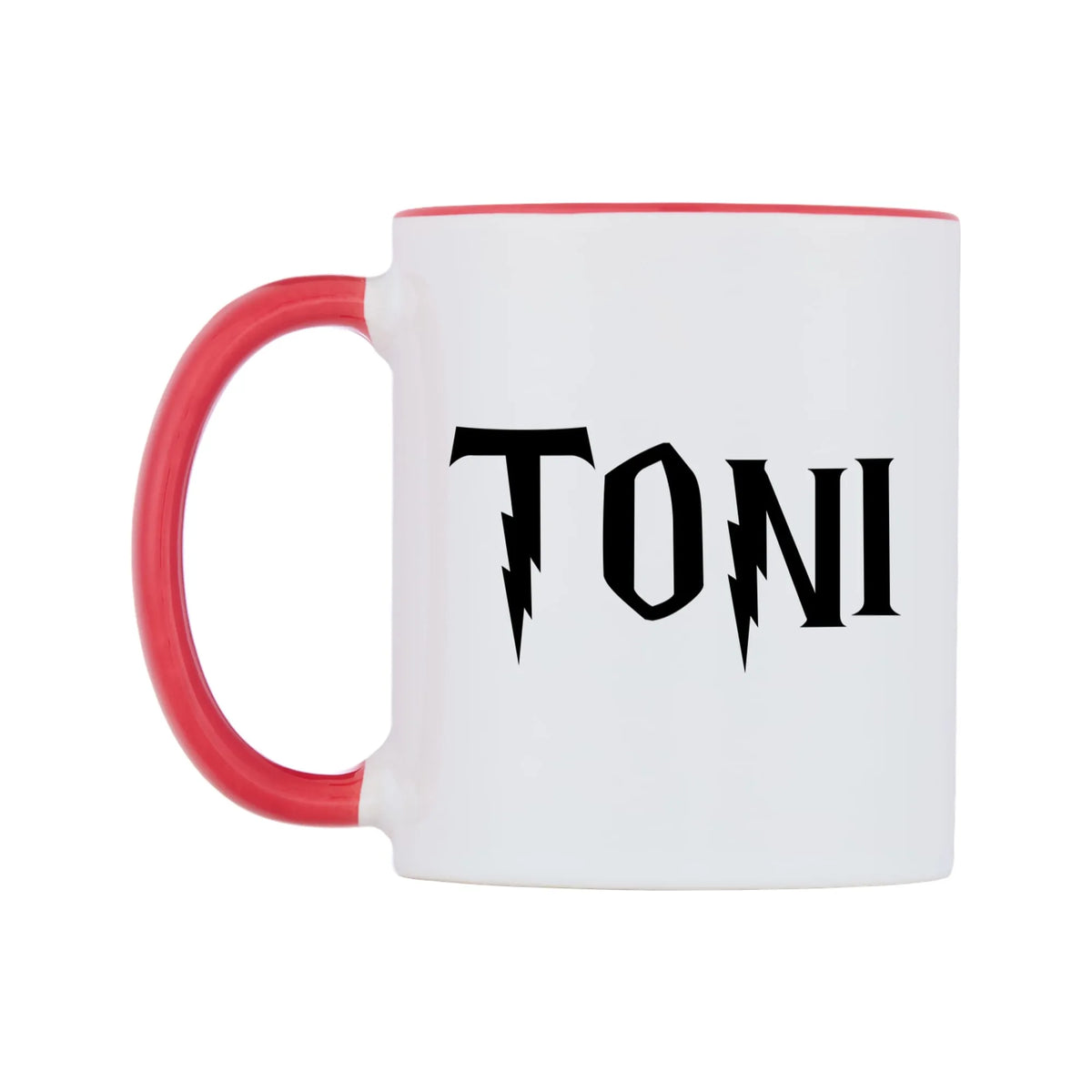 Toni - Wizard Themed Mug — white 11oz gloss mug with a red inside and handle, right side, on a white background
