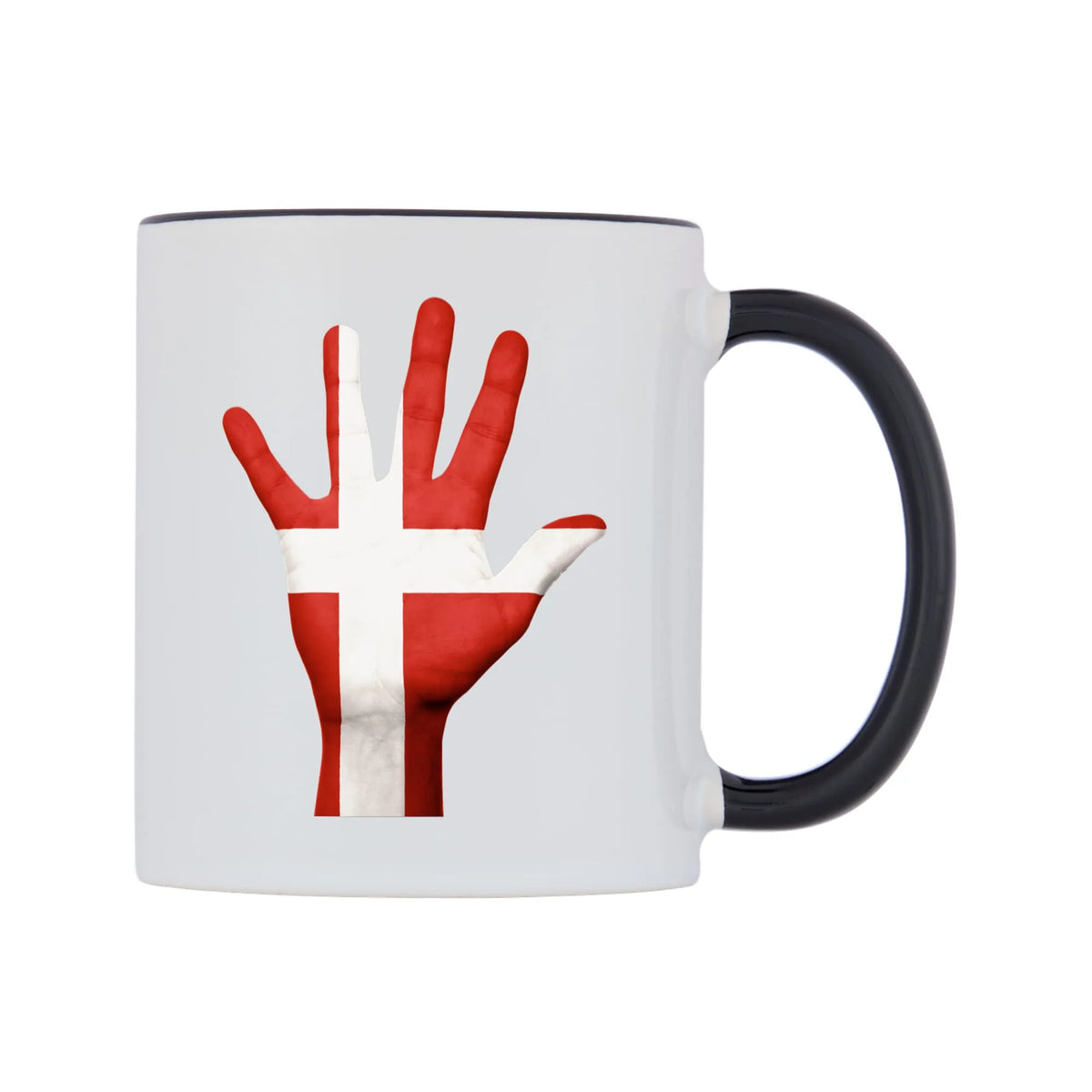Denmark Hand Flag Mug — white 11oz gloss mug with a black inside and handle, left side, on a white background