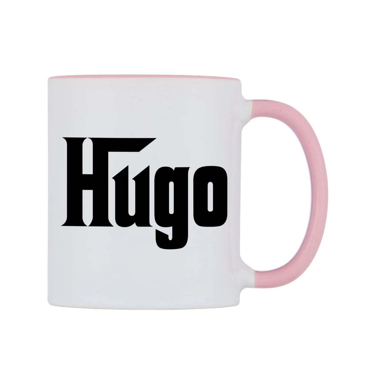 Hugo - Godfather Themed Mug — white 11oz gloss mug with a pink inside and handle, left side, on a white background