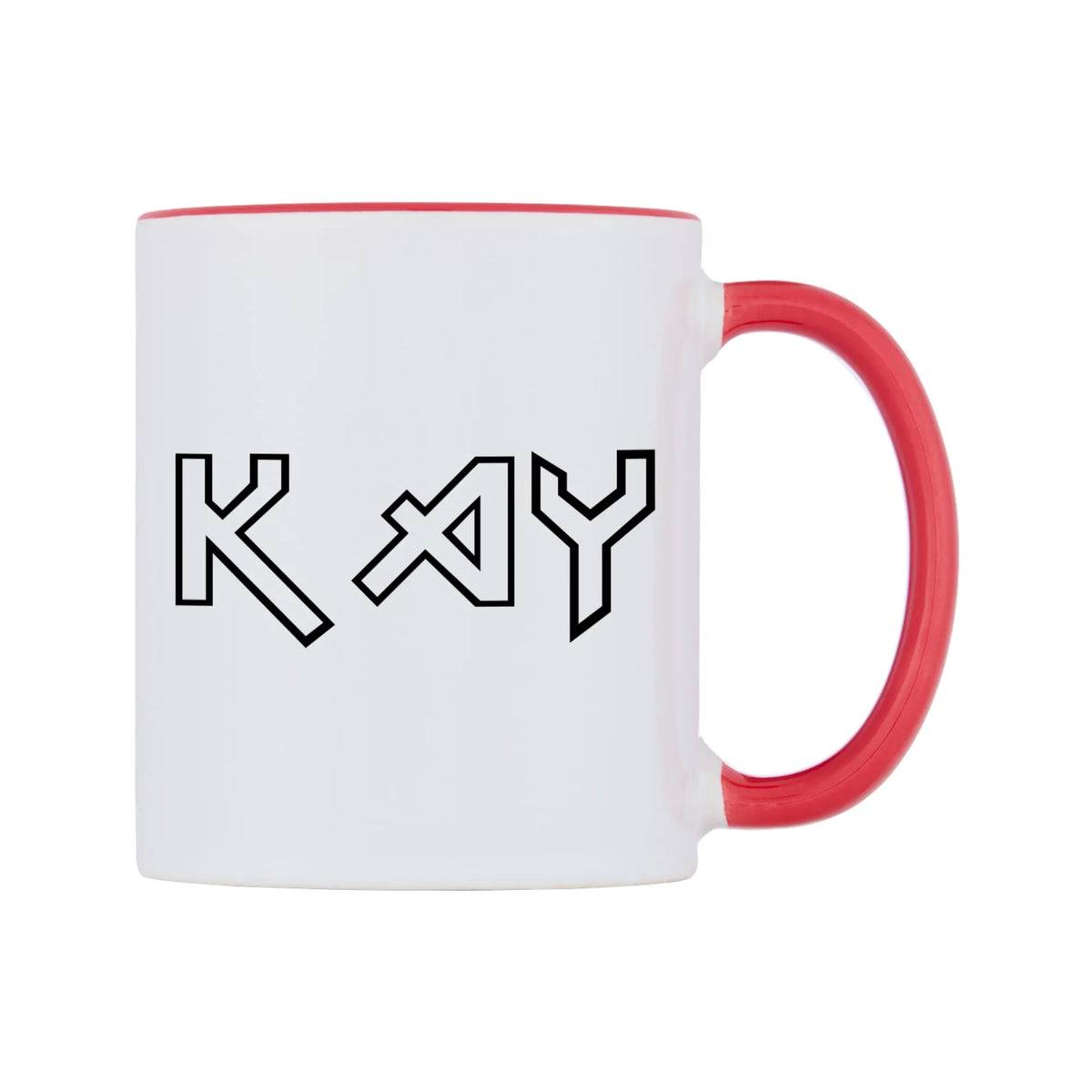 Kay - Iron Maiden Themed Mug — white 11oz gloss mug with a red inside and handle, left side, on a white background
