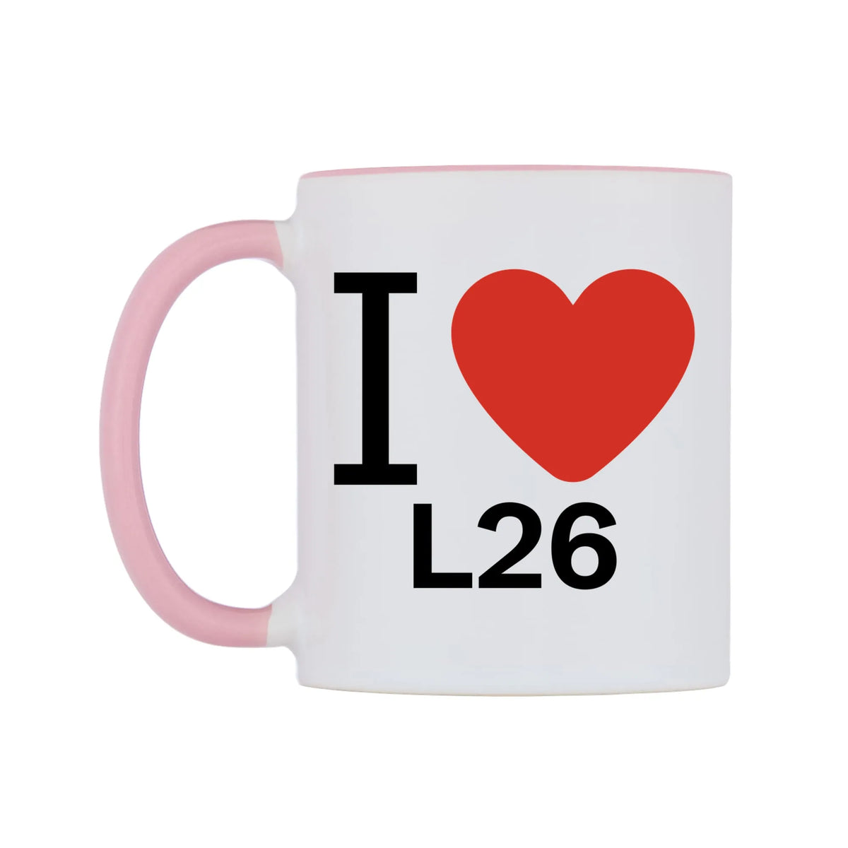 I Love L26 Mug — white 11oz gloss mug with a pink inside and handle, right side, on a white background