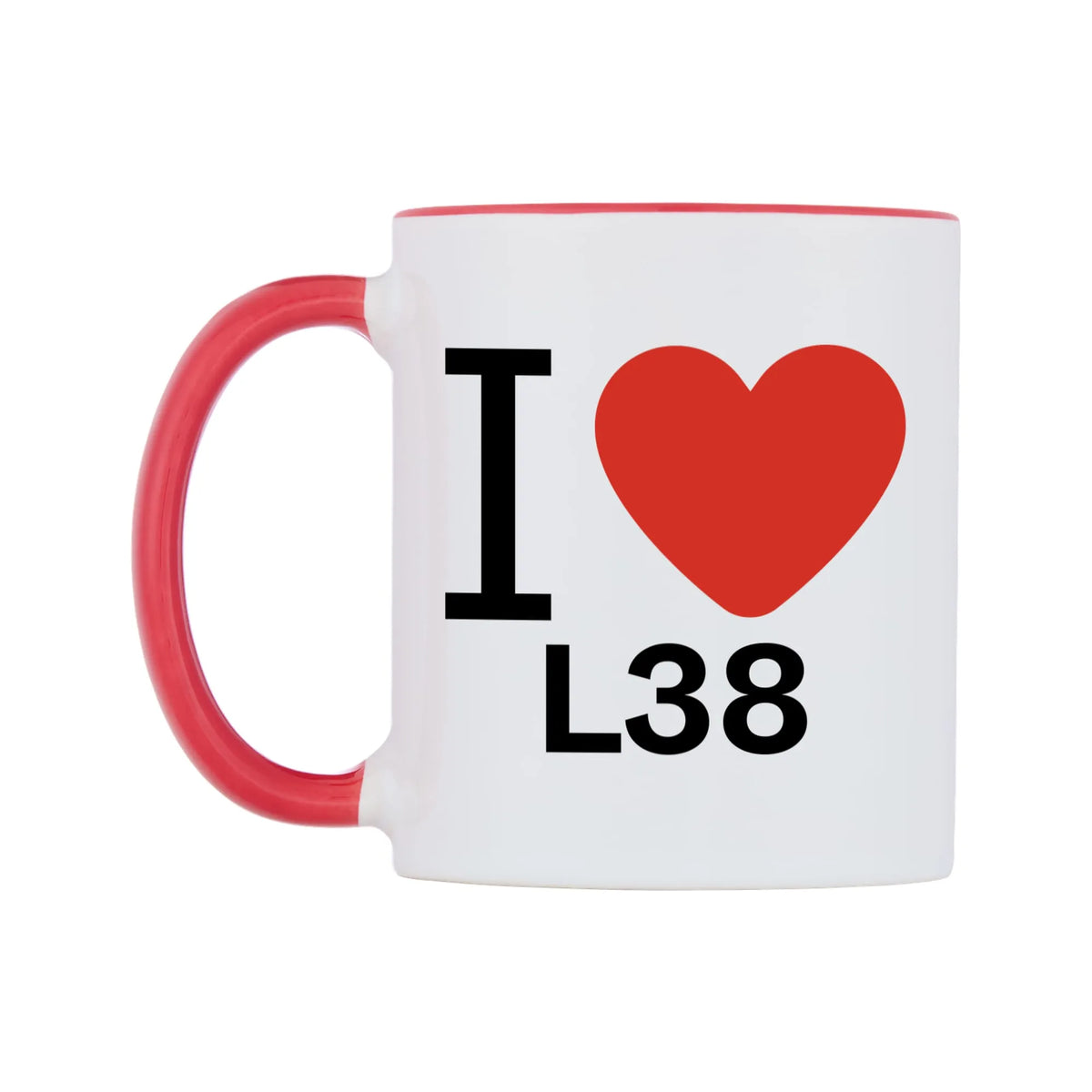 I Love L38 Mug — white 11oz gloss mug with a red inside and handle, right side, on a white background