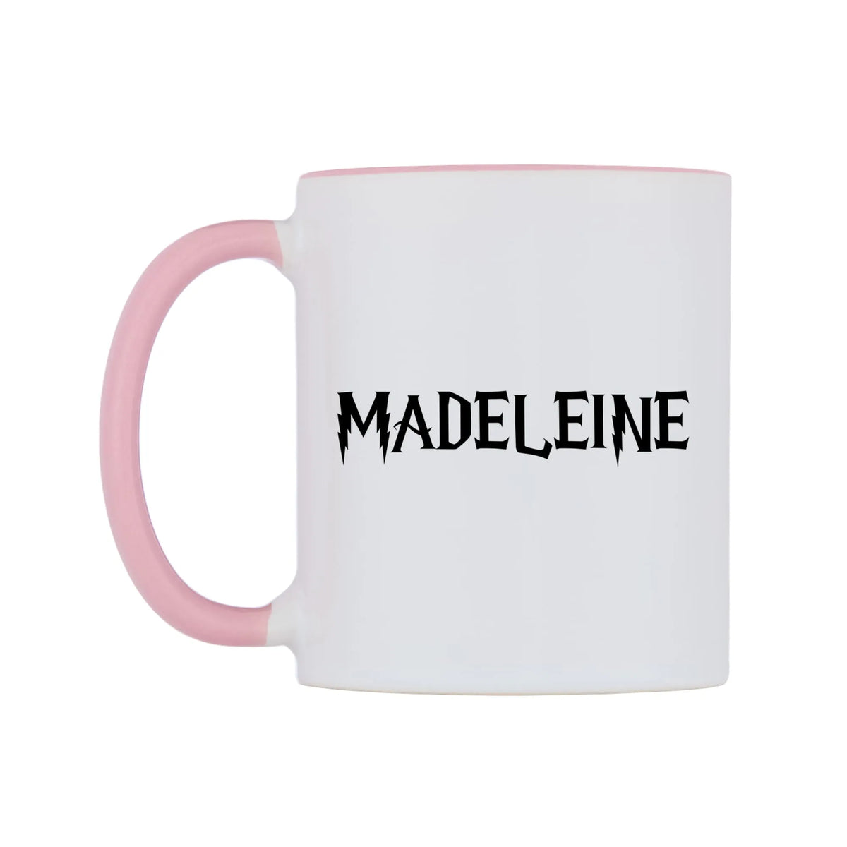 Madeleine - Wizard Themed Mug — white 11oz gloss mug with a pink inside and handle, right side, on a white background