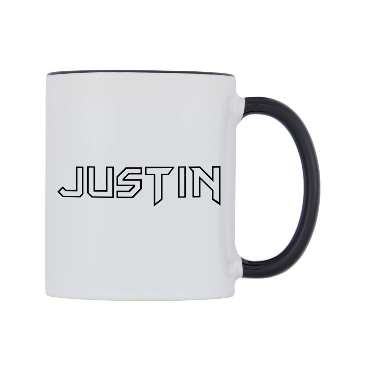 Justin - Iron Maiden Themed Mug — white 11oz gloss mug with a black inside and handle, left side, on a white background
