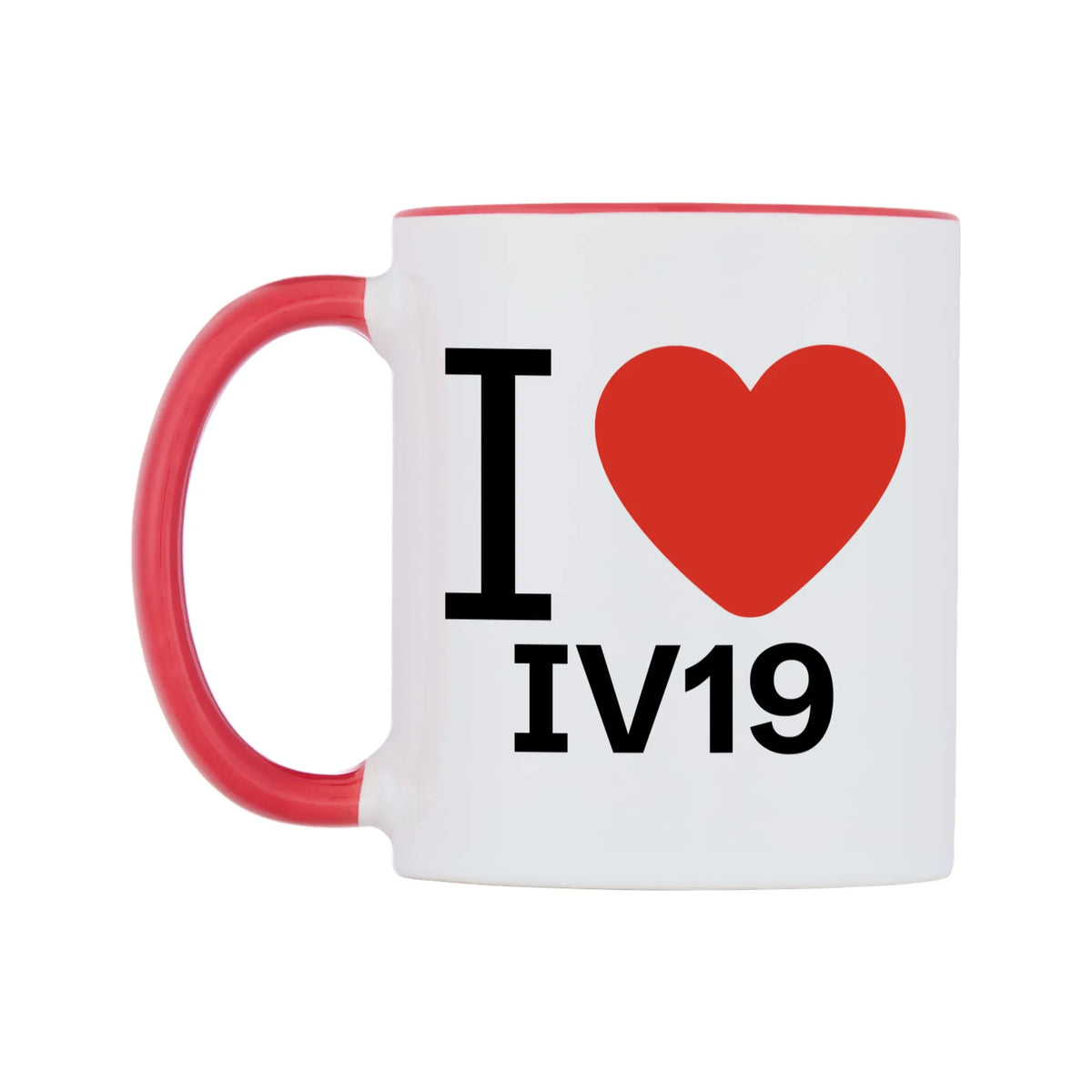 I Love IV19 Mug — white 11oz gloss mug with a red inside and handle, right side, on a white background