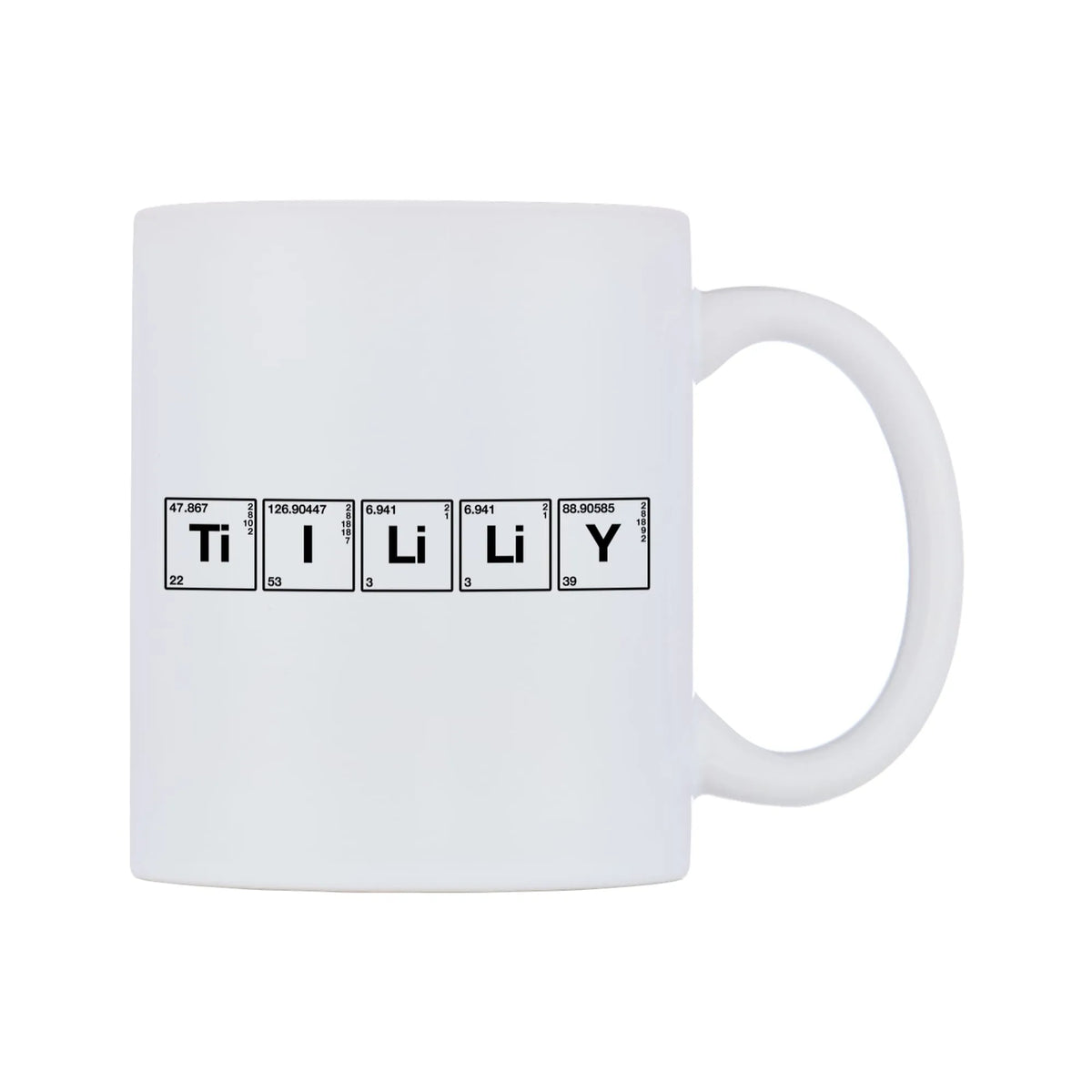 Tilly - Chemistry Themed Mug — mug, left side, on a white background