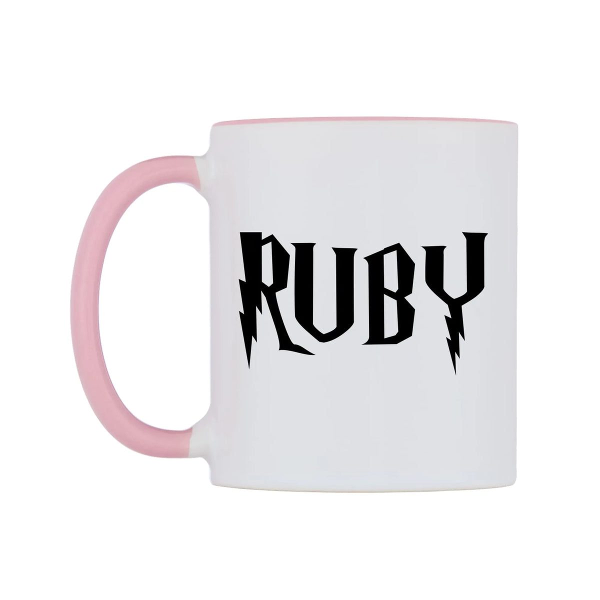 Ruby - Wizard Themed Mug — white 11oz gloss mug with a pink inside and handle, right side, on a white background