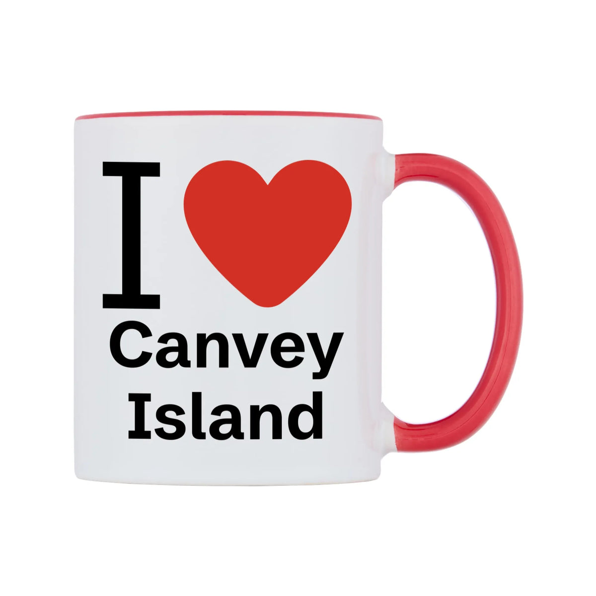 I Love Canvey Island Mug — white 11oz gloss mug with a red inside and handle, left side, on a white background