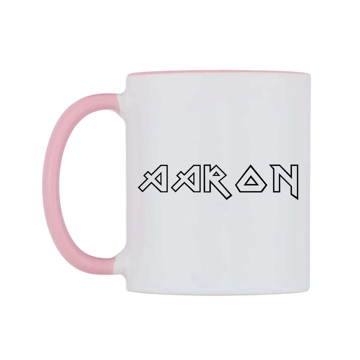 Aaron - Iron Maiden Themed Mug — white 11oz gloss mug with a pink inside and handle, right side, on a white background