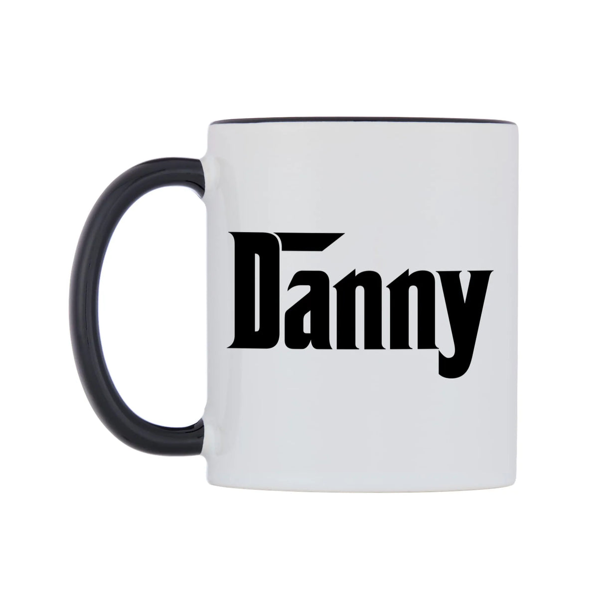 Danny - Godfather Themed Mug — white 11oz gloss mug with a black inside and handle, right side, on a white background