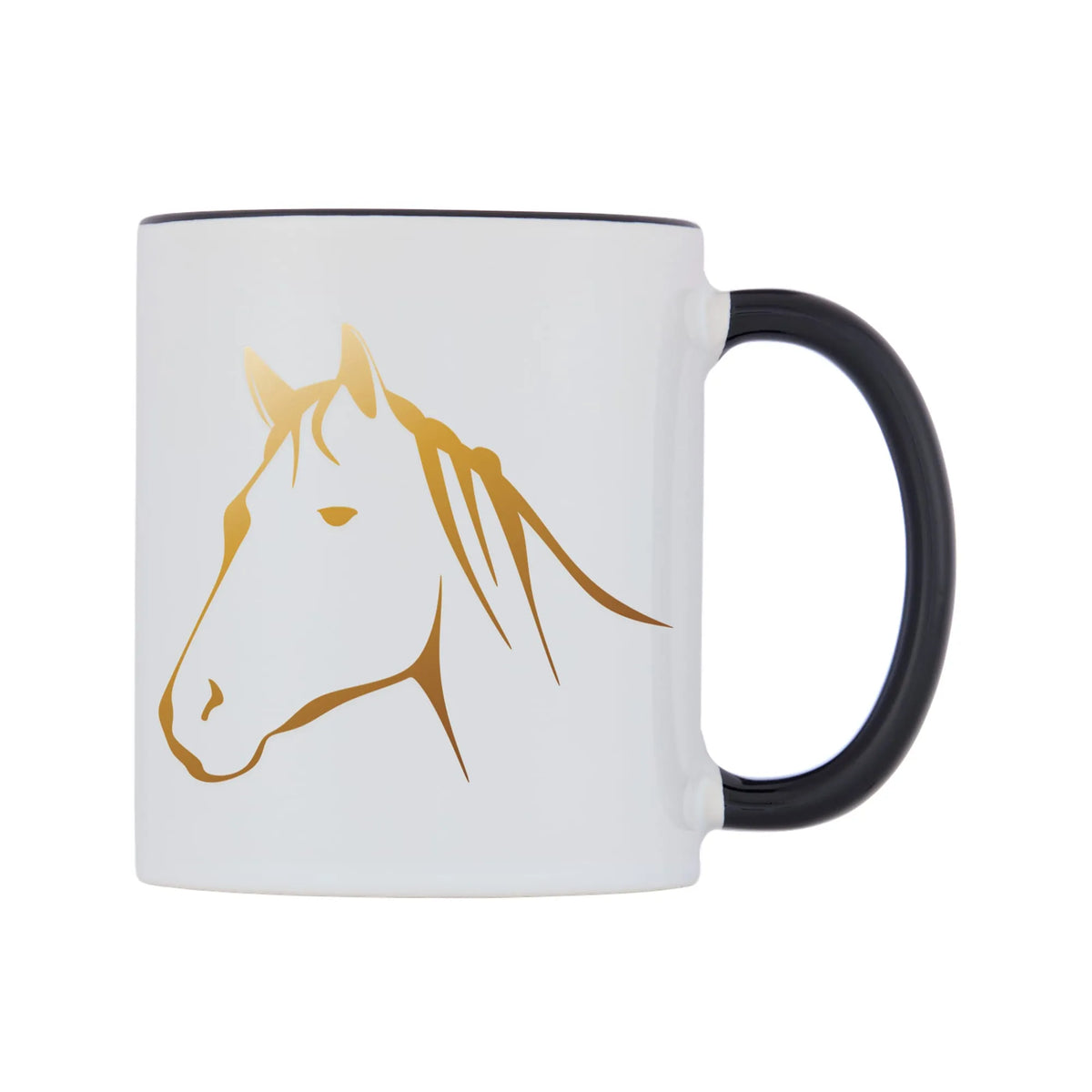 Golden Horse Mug — white 11oz gloss mug with a black inside and handle, left side, on a white background