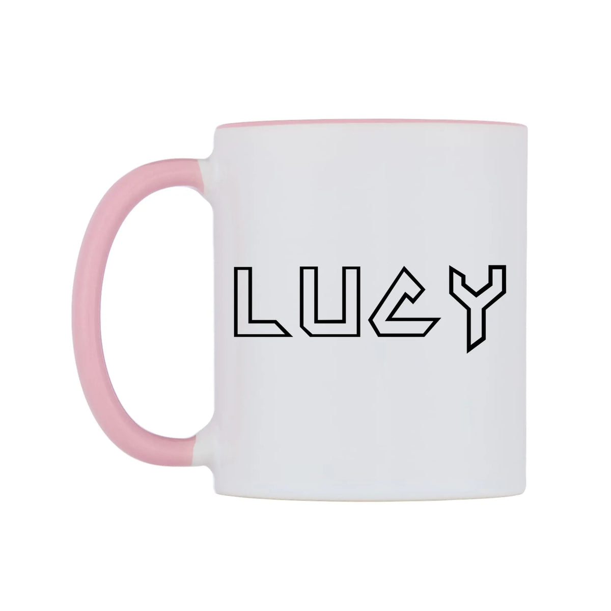 Lucy - Iron Maiden Themed Mug — white 11oz gloss mug with a pink inside and handle, right side, on a white background