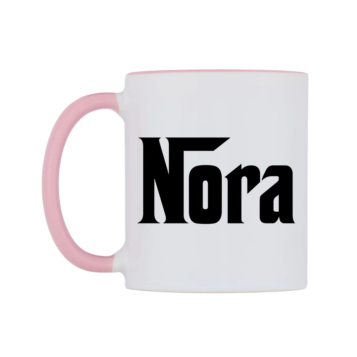 Nora - Godfather Themed Mug — white 11oz gloss mug with a pink inside and handle, right side, on a white background
