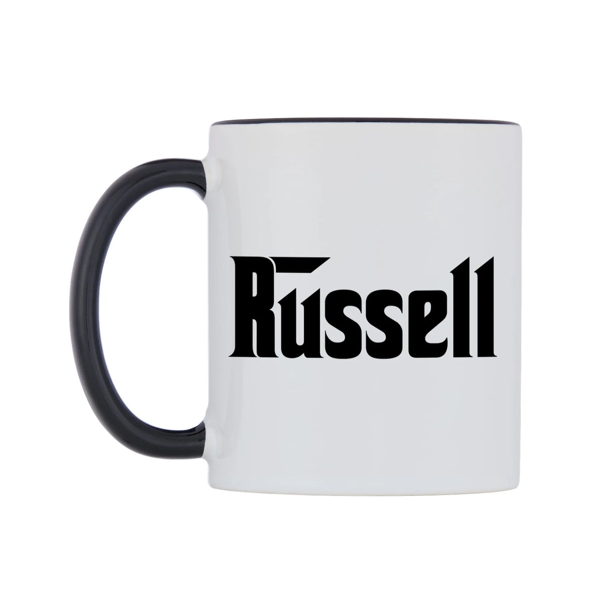 Russell - Godfather Themed Mug — white 11oz gloss mug with a black inside and handle, right side, on a white background