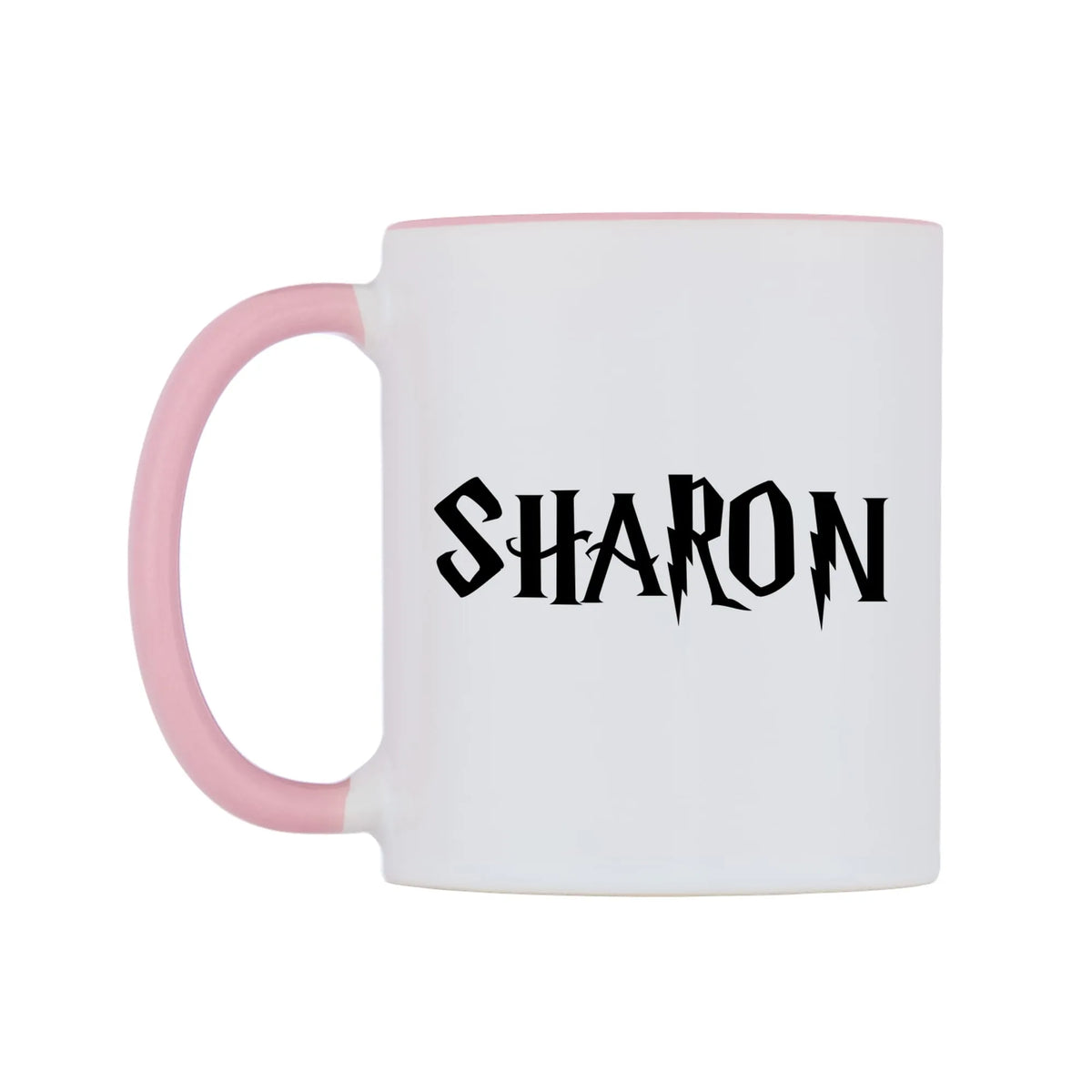 Sharon - Wizard Themed Mug — white 11oz gloss mug with a pink inside and handle, right side, on a white background