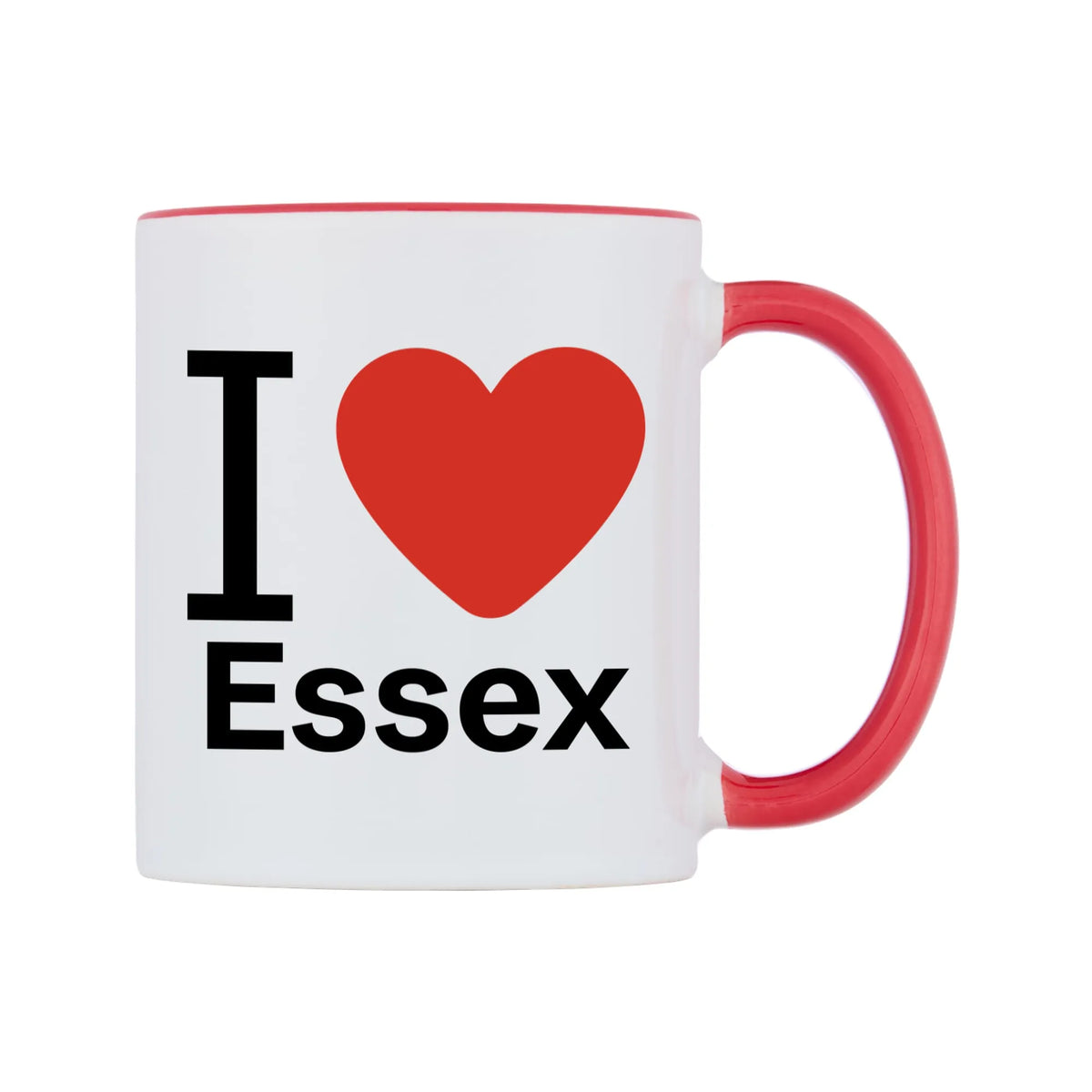 I Love Essex Mug — white 11oz gloss mug with a red inside and handle, left side, on a white background