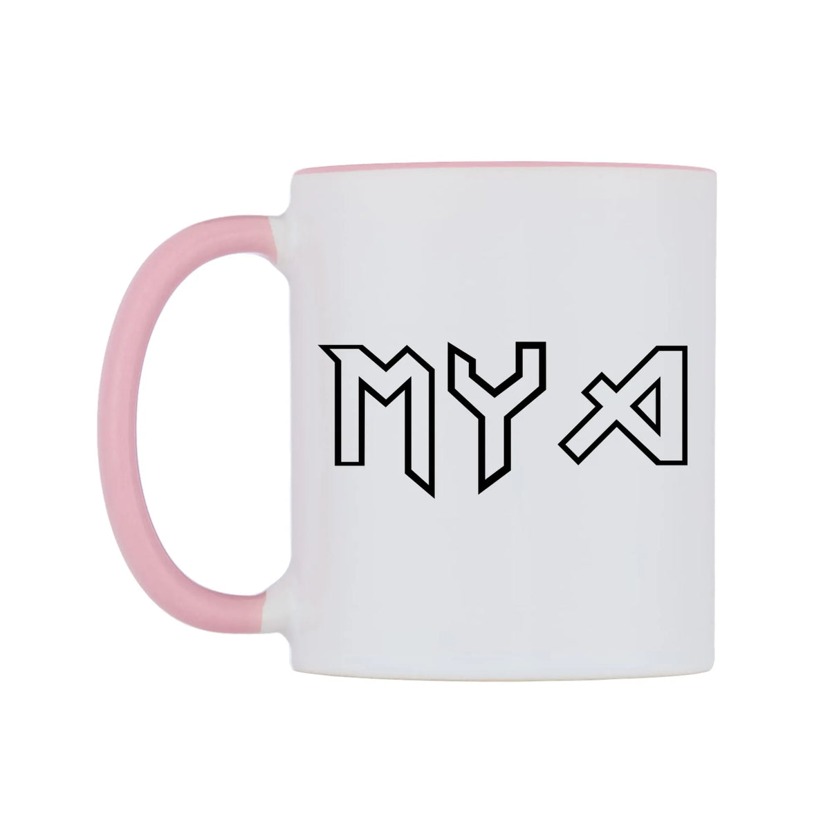 Mya - Iron Maiden Themed Mug — white 11oz gloss mug with a pink inside and handle, right side, on a white background