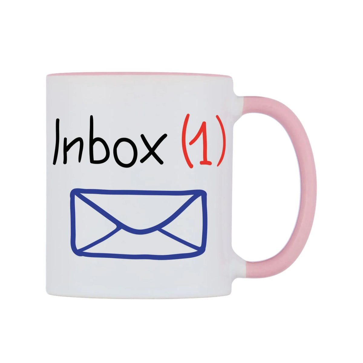 Inbox (1) Mug — white 11oz gloss mug with a pink inside and handle, left side, on a white background