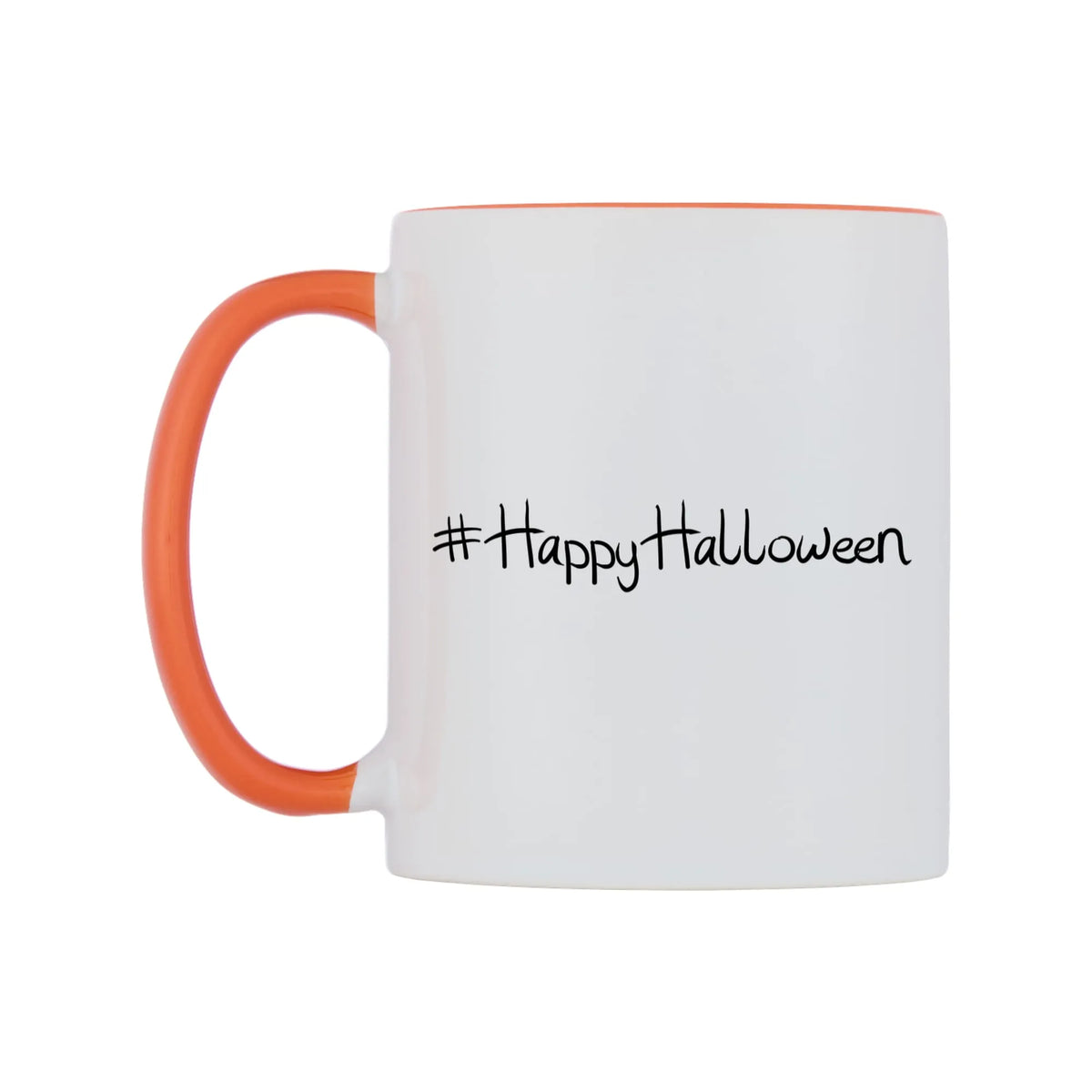 HappyHalloween Mug — white 11oz gloss mug with a orange inside and handle, right side, on a white background