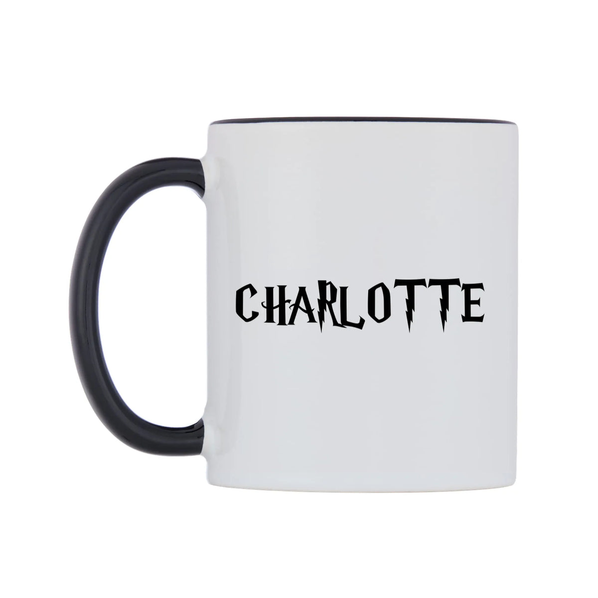 Charlotte - Wizard Themed Mug — white 11oz gloss mug with a black inside and handle, right side, on a white background