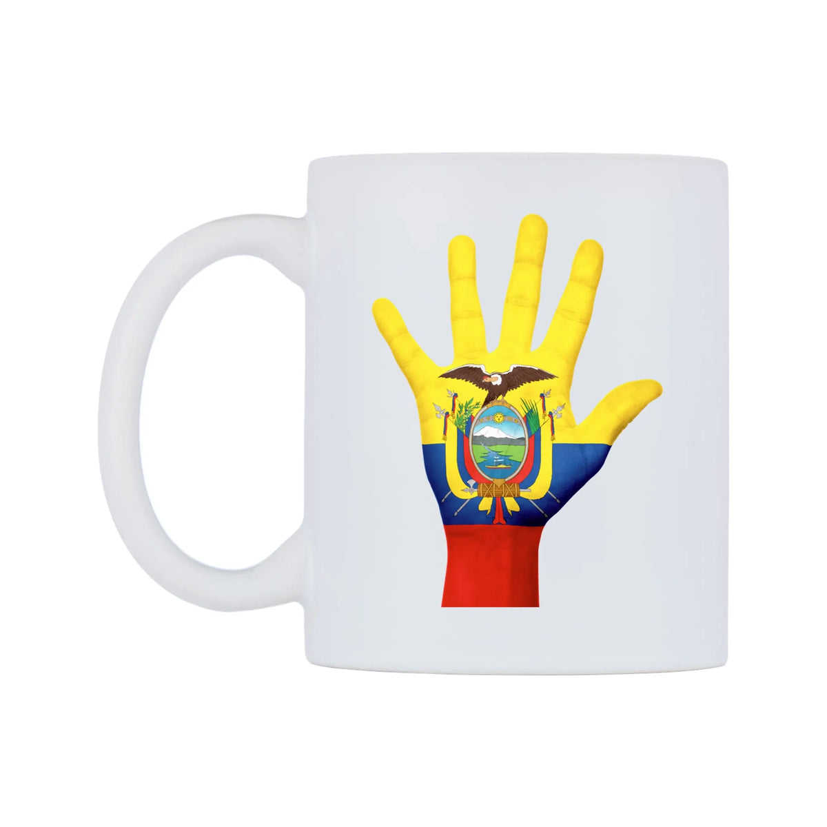 Ecuador Hand Flag Mug — white 11oz gloss mug, right side, on a white background
