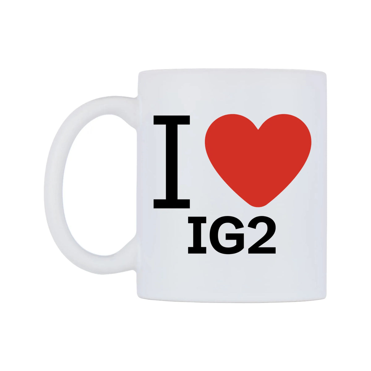 I Love IG2 Mug — white 11oz gloss mug, right side, on a white background